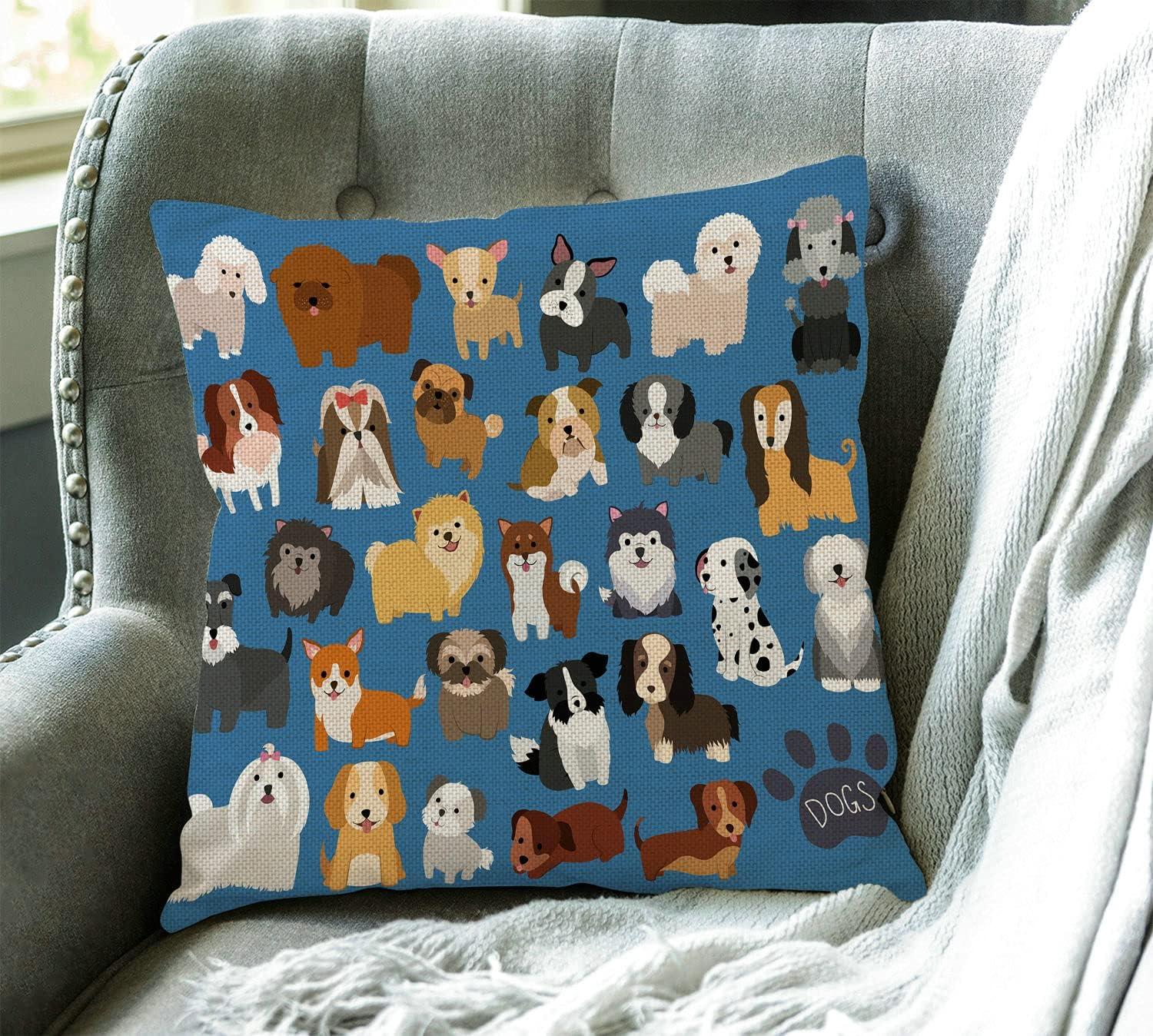 Blue Cotton Linen Dog Print 18" Throw Pillow Cover