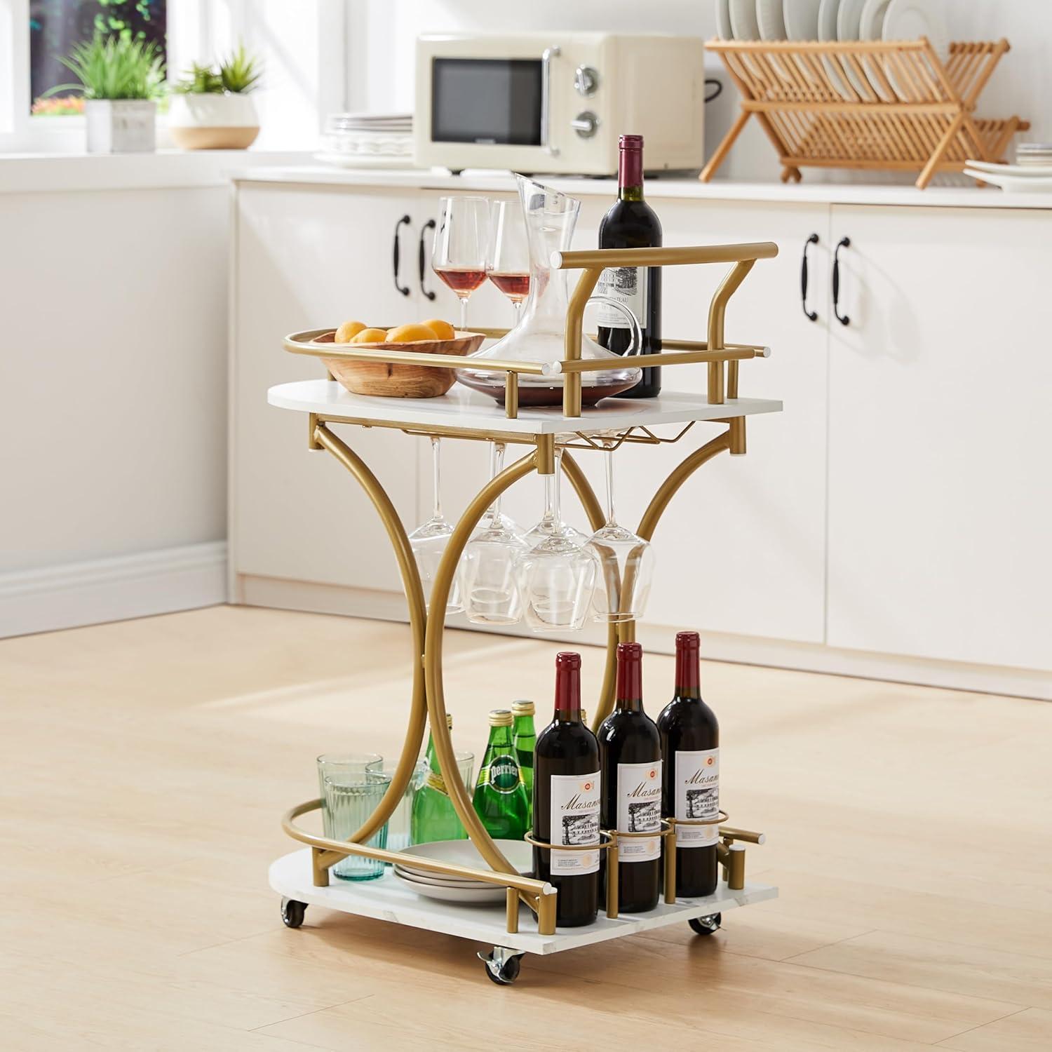 Gold and White Metal Kitchen Cart with Wine Rack and Storage