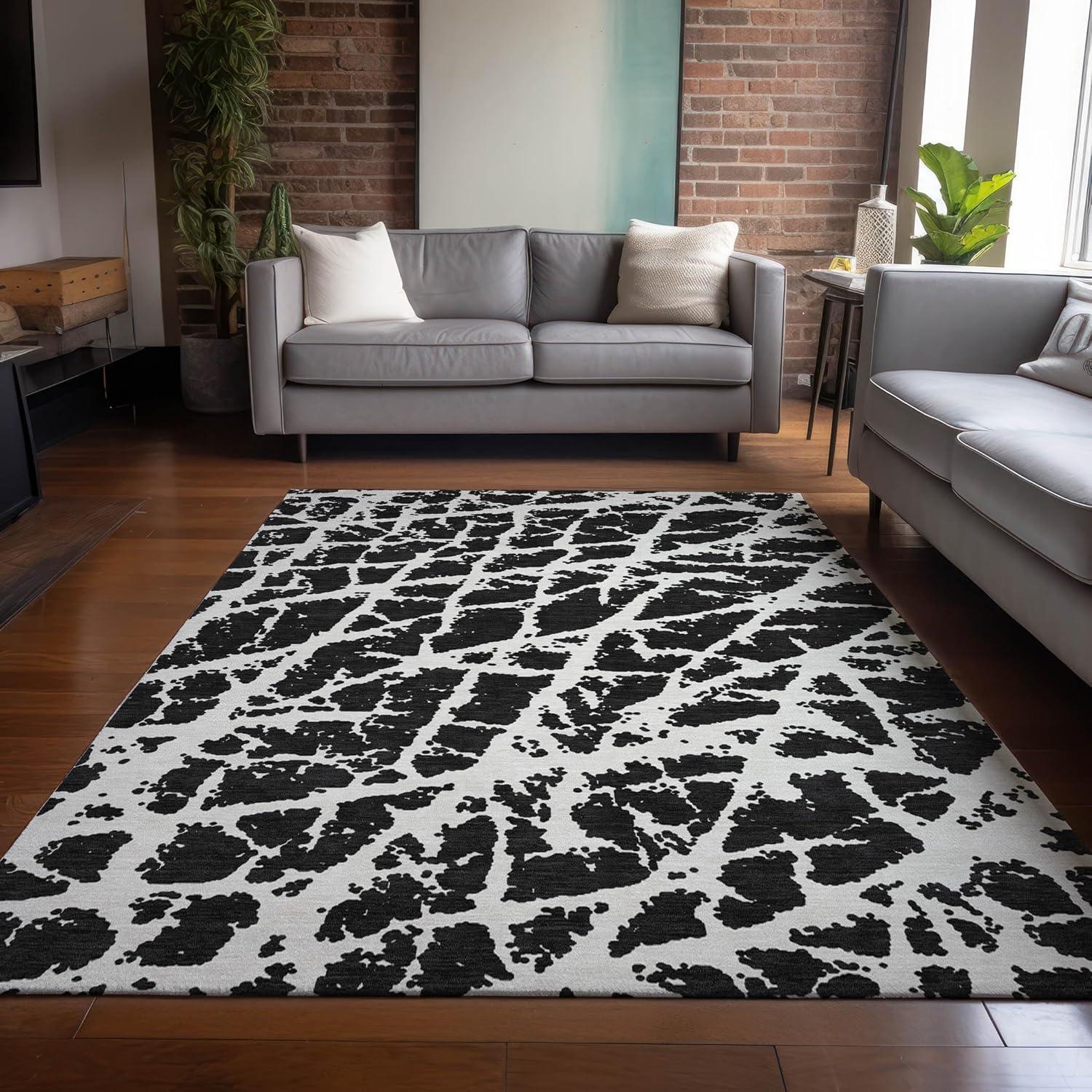 Black and White Synthetic Washable Rectangular Area Rug