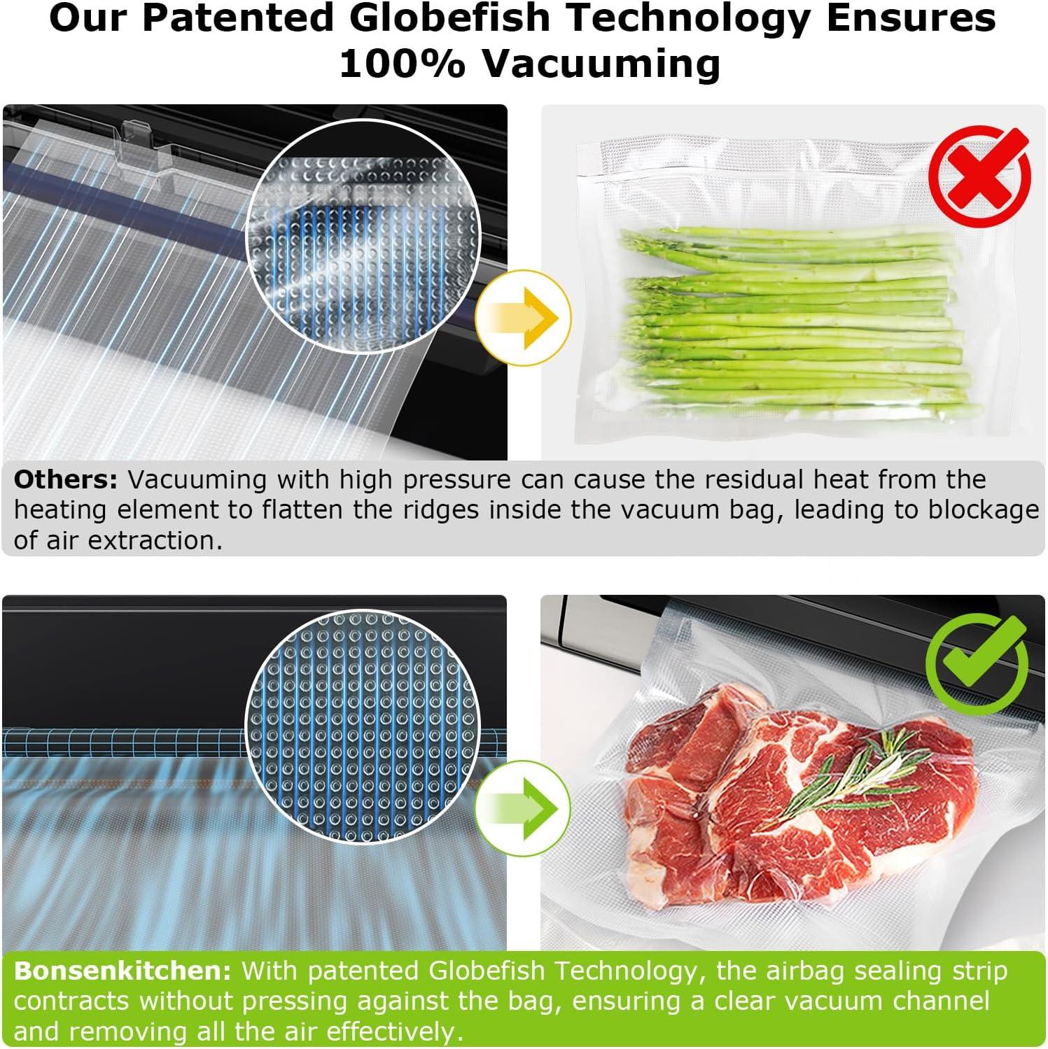 BEACHWATER POOL & SPA, LLC Vacuum Sealer Machine, Powerful Low-Noise Food Vacuum Sealer For High-Speed Continuous Working, Handle Locked Design, Built-In Cutter, 2 Bag Rolls + 100 PCS Vacuum Bags