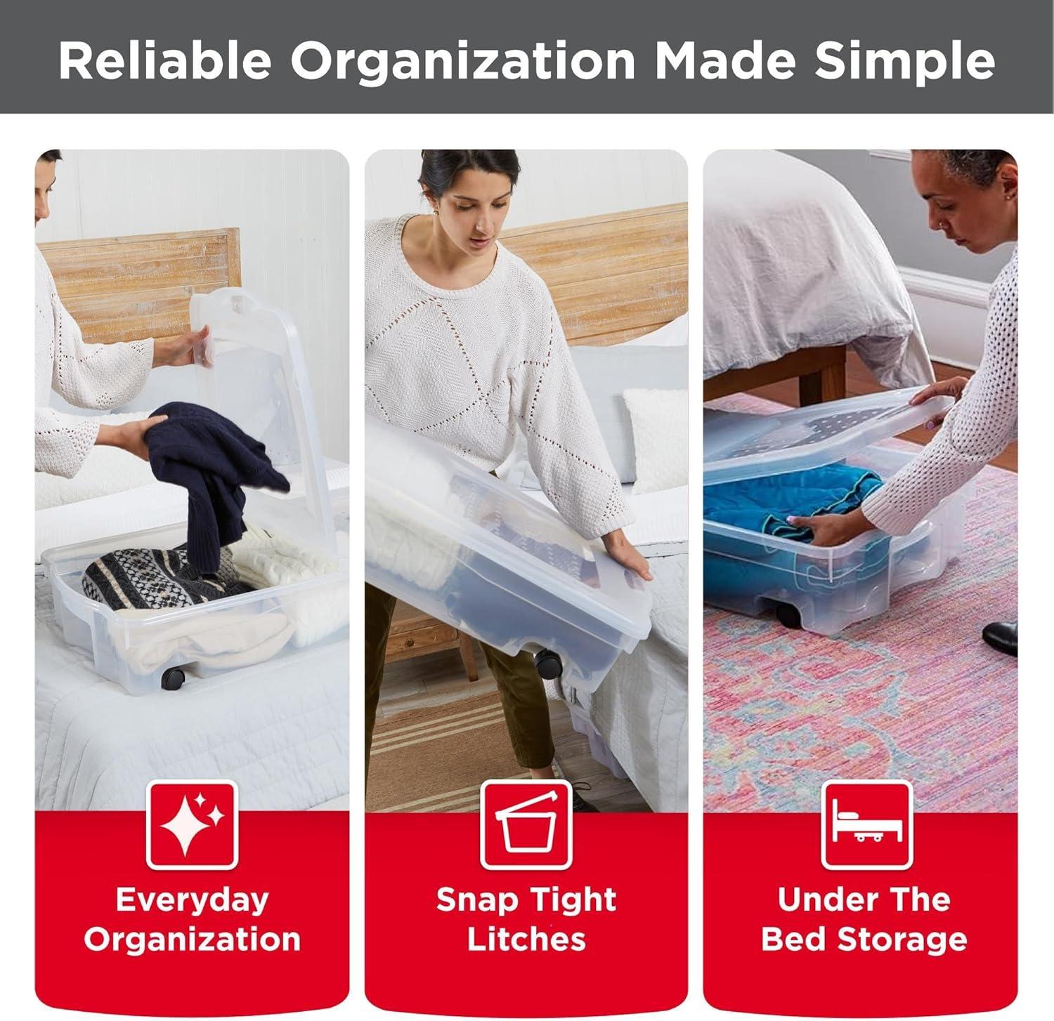 Rubbermaid Under Bed Wheeled Storage Box, 2-Pack, Made In USA, Plastic Containers With Dual-Hinged Lids And Sturdy Wheels, Visible Organization For Tight Spaces