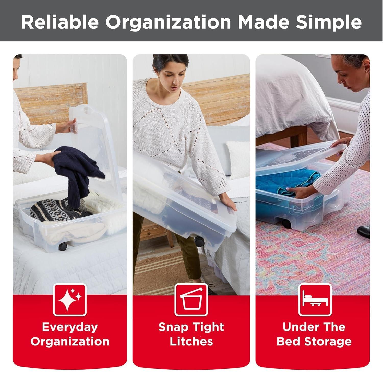 Rubbermaid Under Bed Wheeled Storage Box, 2-Pack, Made In USA, Plastic Containers With Dual-Hinged Lids And Sturdy Wheels, Visible Organization For Tight Spaces