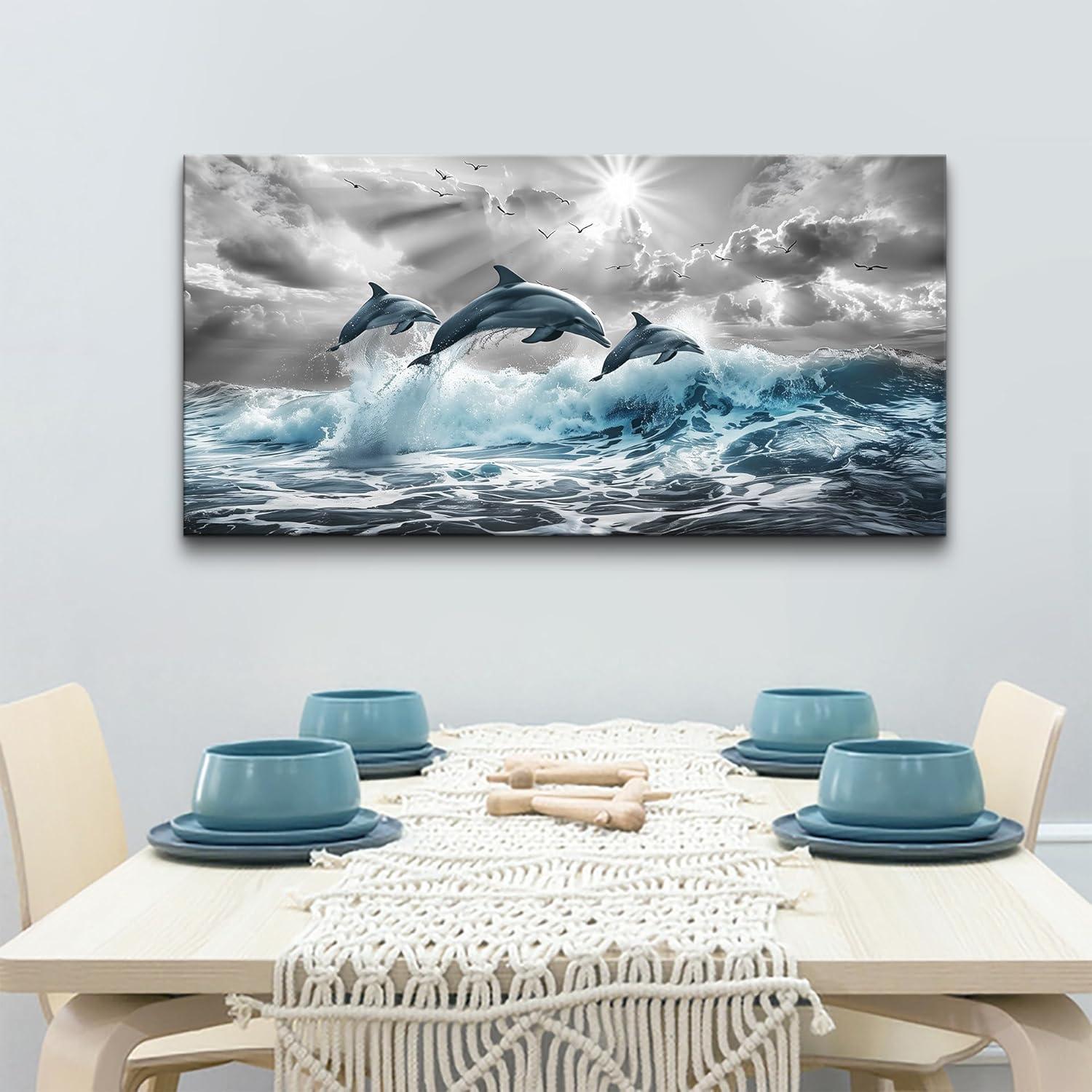 Chilfamy Wall Decorations For Living Room Canvas Wall Art For Bedroom Blue Waves Of The Sea Wall Pictures Artwork Office Canvas Art Print Dolphins Wall Paintings Ready To Hang Home Decor 20x16 Inch