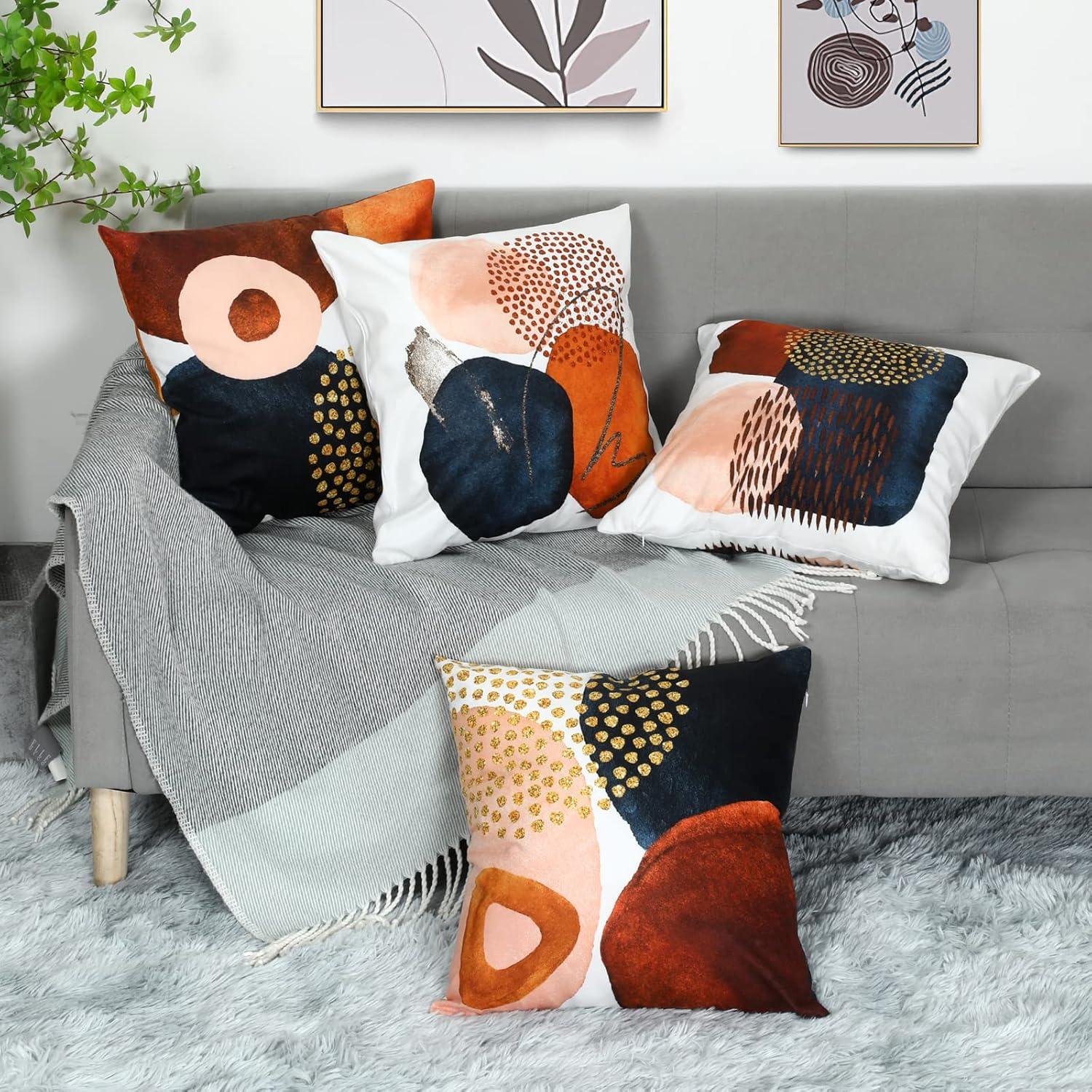 Mid Century Modern Boho Abstract Throw Pillow Covers 18x18 Set of 4 Aesthetic Navy Blue Burnt Orange Pillow Covers Geometric Minimalist Decor for Couch Home Decor