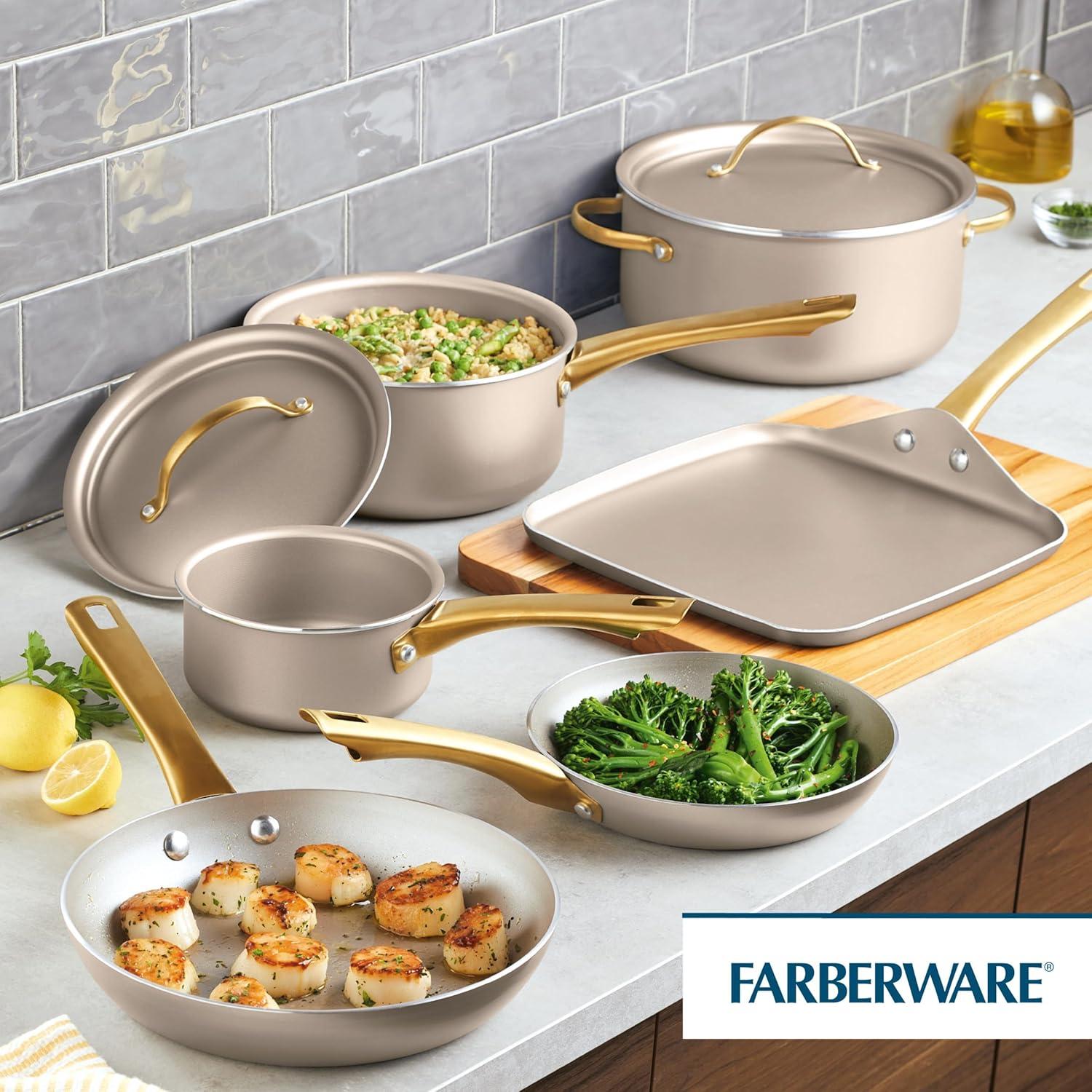 Champagne Nonstick Aluminum Cookware Set with Gold Handles, 12 Piece