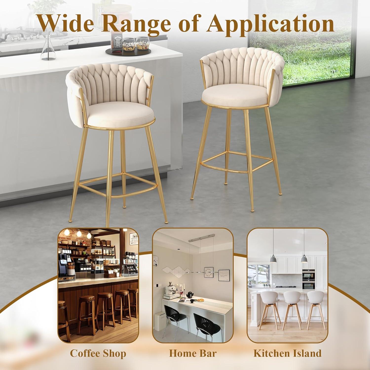 Counter Height Stools Set of 2, Velvet Bar Stools with 27 Inches Upholstered Seat Height, Handmade Woven Back Armrest, Sturdy Golden Metal Legs for Home Dining Pub Kitchen Island, Beige