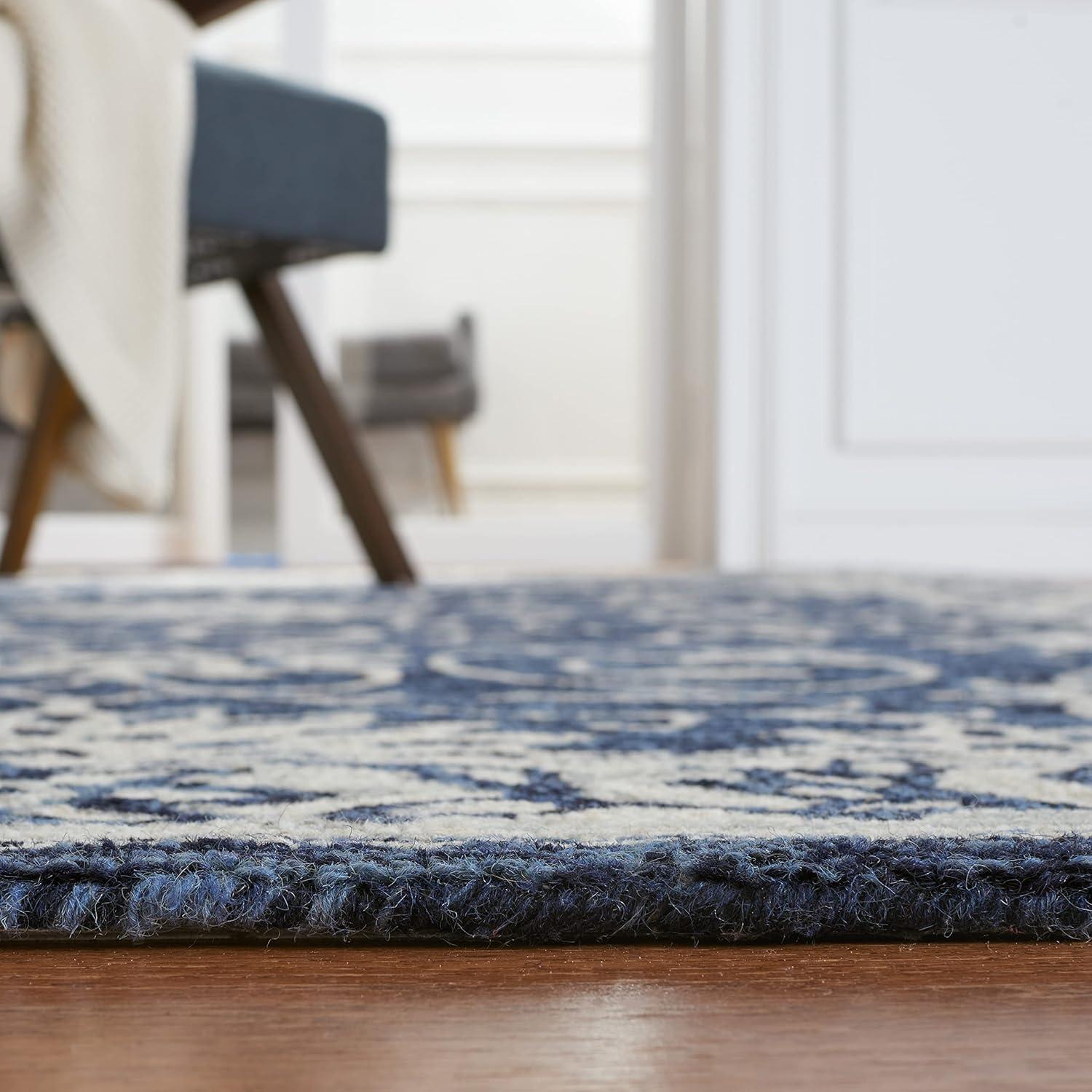 Ivory and Navy Floral Handmade Wool Area Rug, 3' x 5'