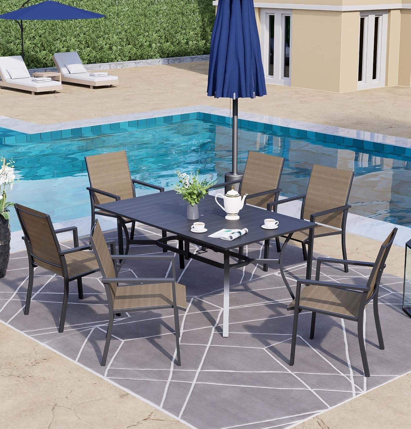 Brown Rectangular Metal and Textilene Outdoor Dining Set