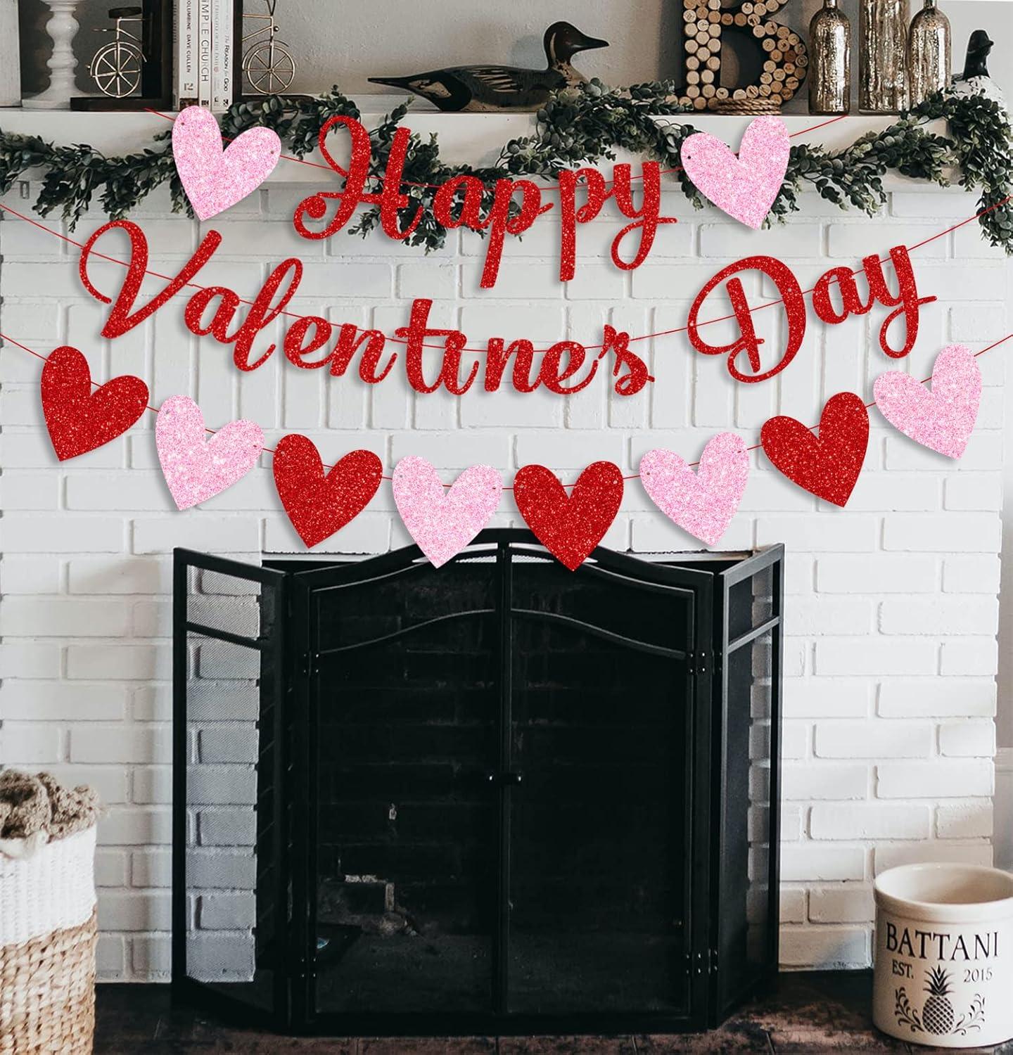 Glittery Heart Valentine's Day Banner, Red & Pink Sparkling Hollow Heart Shape DIY Paper Banner for Wedding Decoration