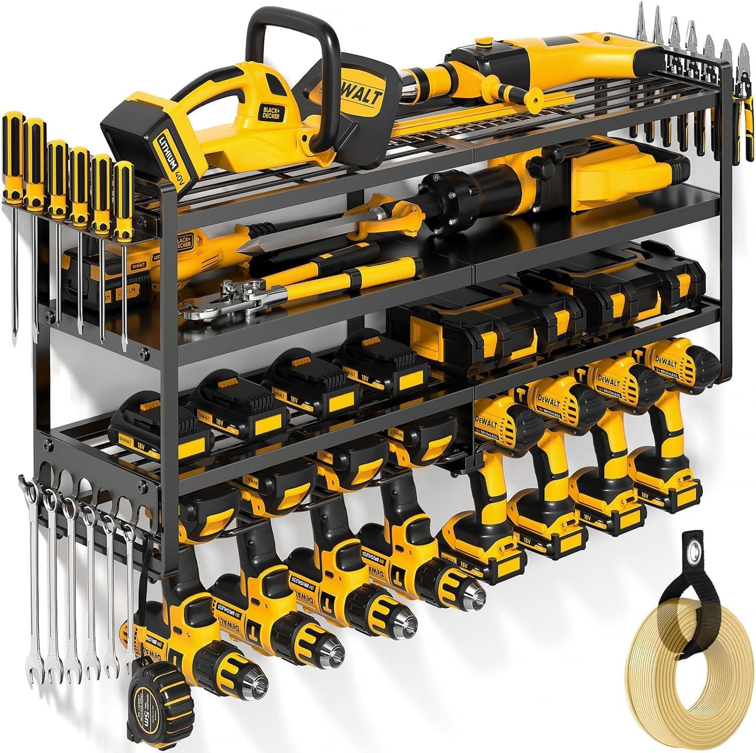 Heavy Duty Black Steel Wall Mount Power Tool Organizer with 8 Drill Holders