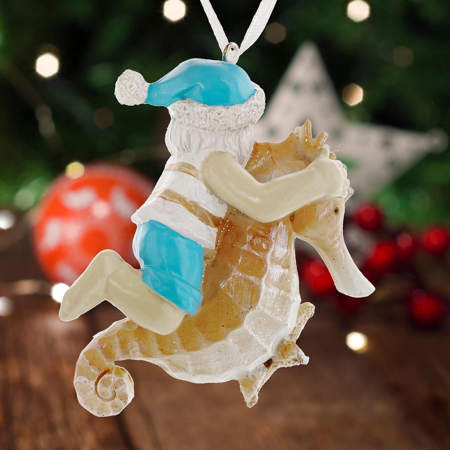 Sea Turtle Seahorse Ornaments - Beach Santa Riding Marine Animals Coastal Holiday Tree Decorations, Set of 2