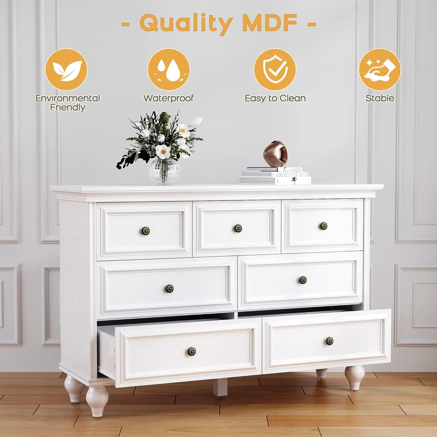 Yesfashion White Dresser, Modern Dresser for Bedroom, 7 Drawer Double Dresser with Wide Drawer and Metal Handles, Wood Dressers & Chests of Drawers for Hallway, Entryway