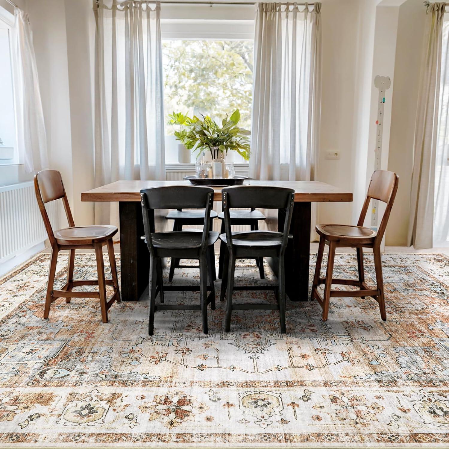 GlowSol 8x10 Floral Area Rug for Living Room Bedroom Retro Distressed Area Rug Traditional Medallion Non-Slip Low Pile Carpet Floor Decoration, Blue