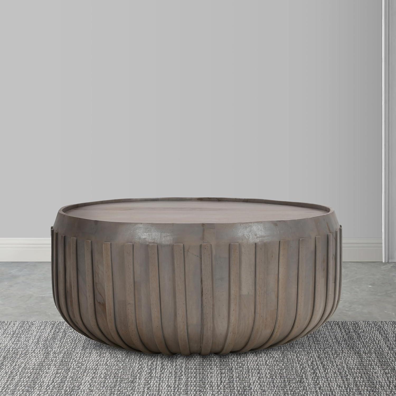 The Urban Port 36" Coffee Table Handcrafted Drum Shape with Ribbed Edges Gray Mango Wood Gray