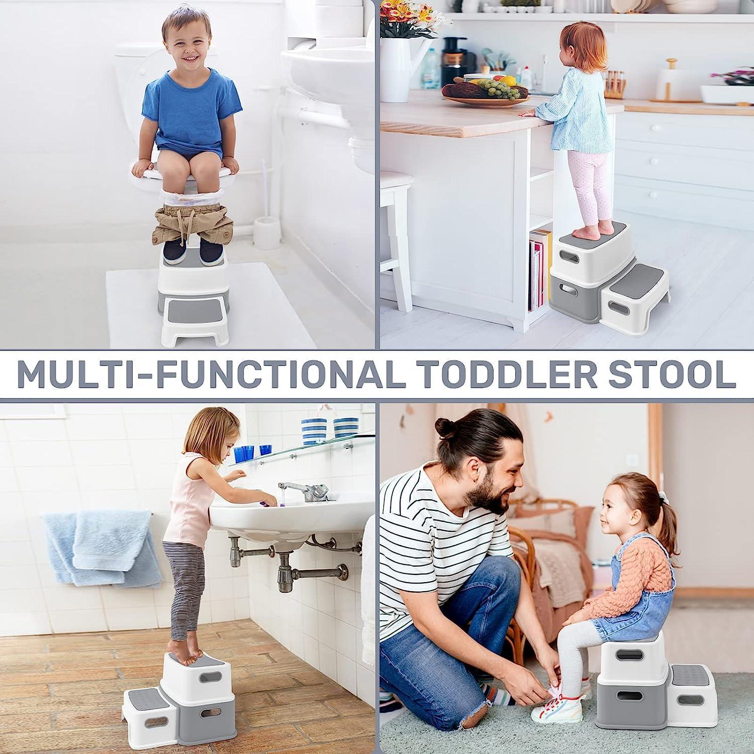 Toddler Step Stool for Toilet, Two Step Stool for Kids Bathroom with Handle for Potty Training, Non-Slip Girls Small Heavy Duty Plastic Stool for Sink Bed Kitchen Counter(Grey)