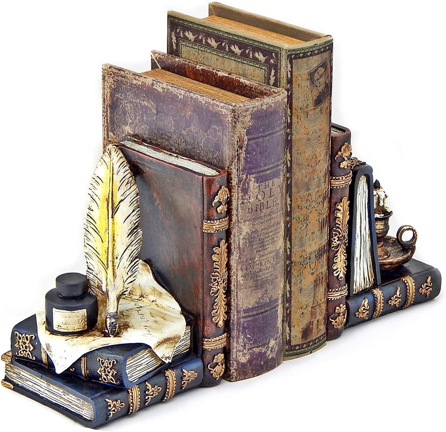 Bellaa 26324 Vintage Bookends Wizard Feather Quill Pen and Ink Bottle with Oil Lamp Antique Style Farmhouse Cottage Lodge Magic Home Decor
