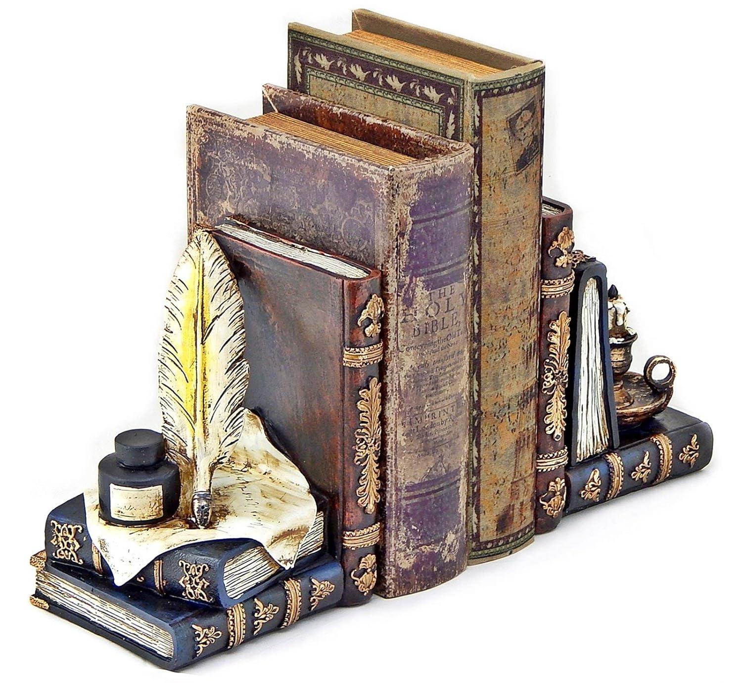 Bellaa 26324 Vintage Bookends Wizard Feather Quill Pen and Ink Bottle with Oil Lamp Antique Style Farmhouse Cottage Lodge Magic Home Decor