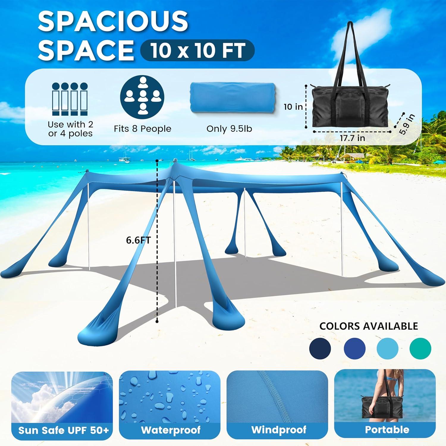 Beach Canopy Beach Tent Pop Up Shade 10x10ft Sun Shelter UPF50+ with 8 Sandbags-2 Sand Shovel-4 Aluminum Poles-Ground Pegs-Portable Carrying Bag for Outdoor Family Camping Fishing Yard Picnic