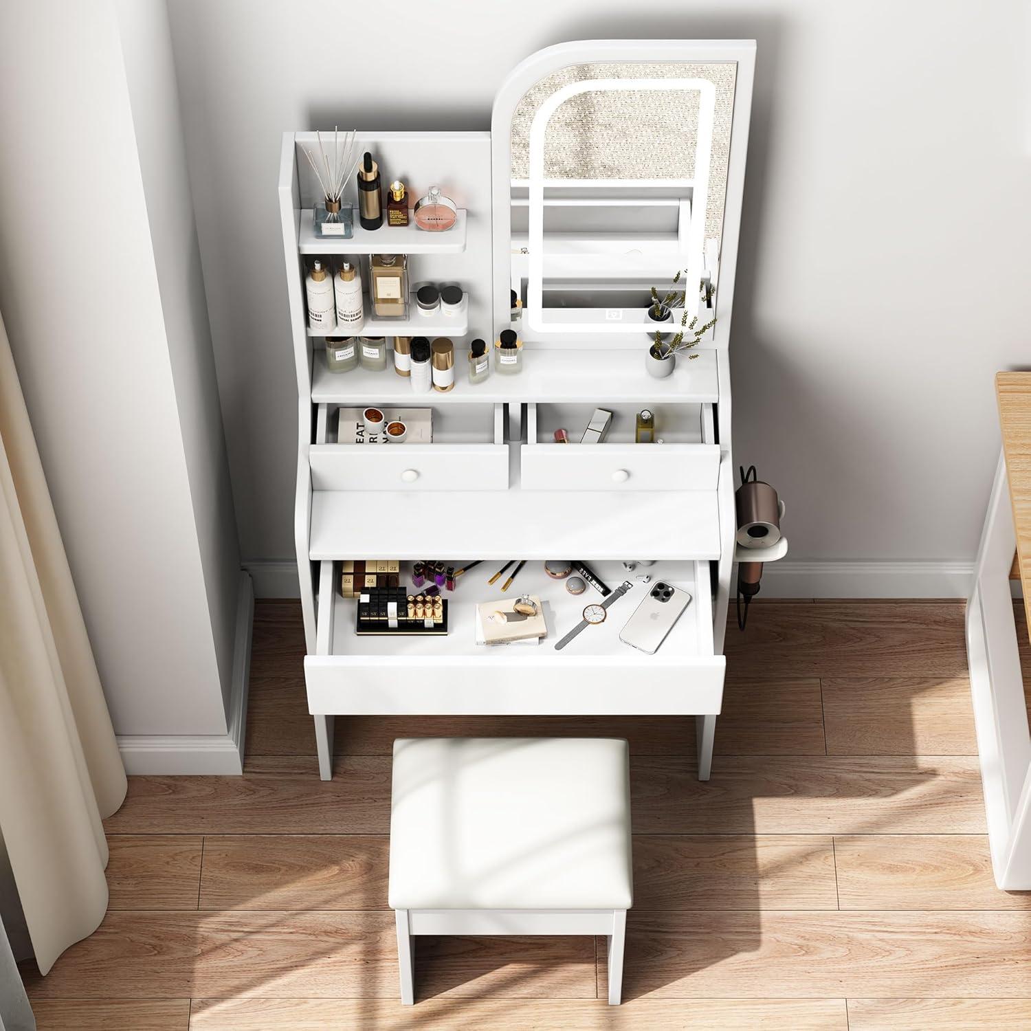 Small Vanity Desk Set with Power Outlet, Mini White Makeup Vanity with Mirror and Lights, Cute Dressing Table with Stool for Small Space