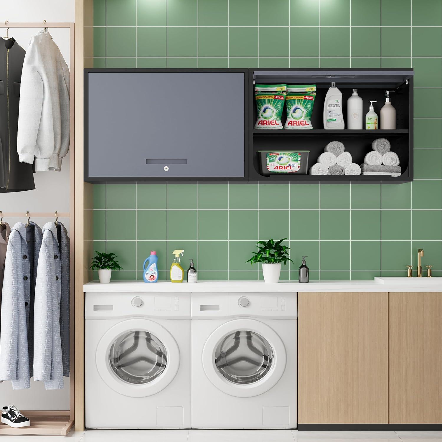 Metal Storage Cabinet Black Wall Cabinets with Shelf and Locking Door - Wall Mounted Storage Cabinet for Garage Warehouse Home Office - Assembly Required