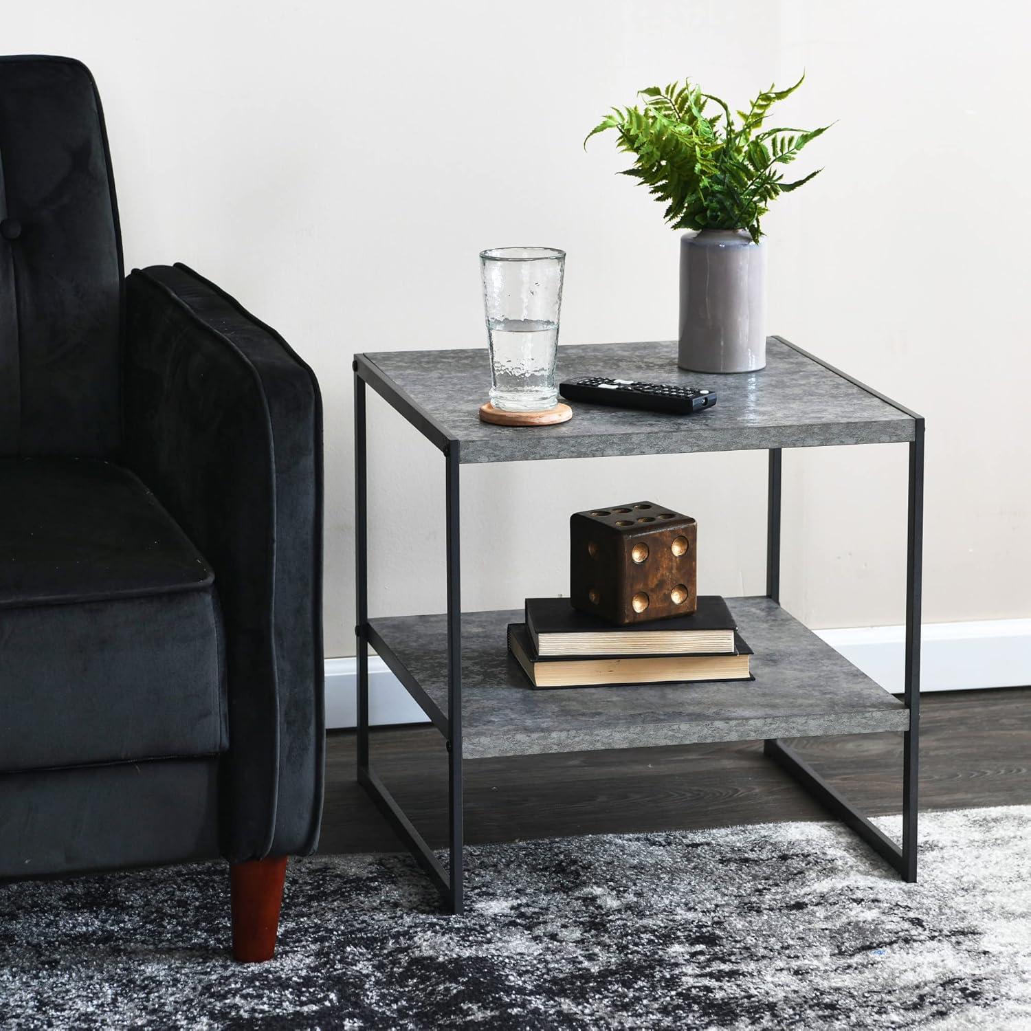 Gray and Black Metal Square End Table with Shelf