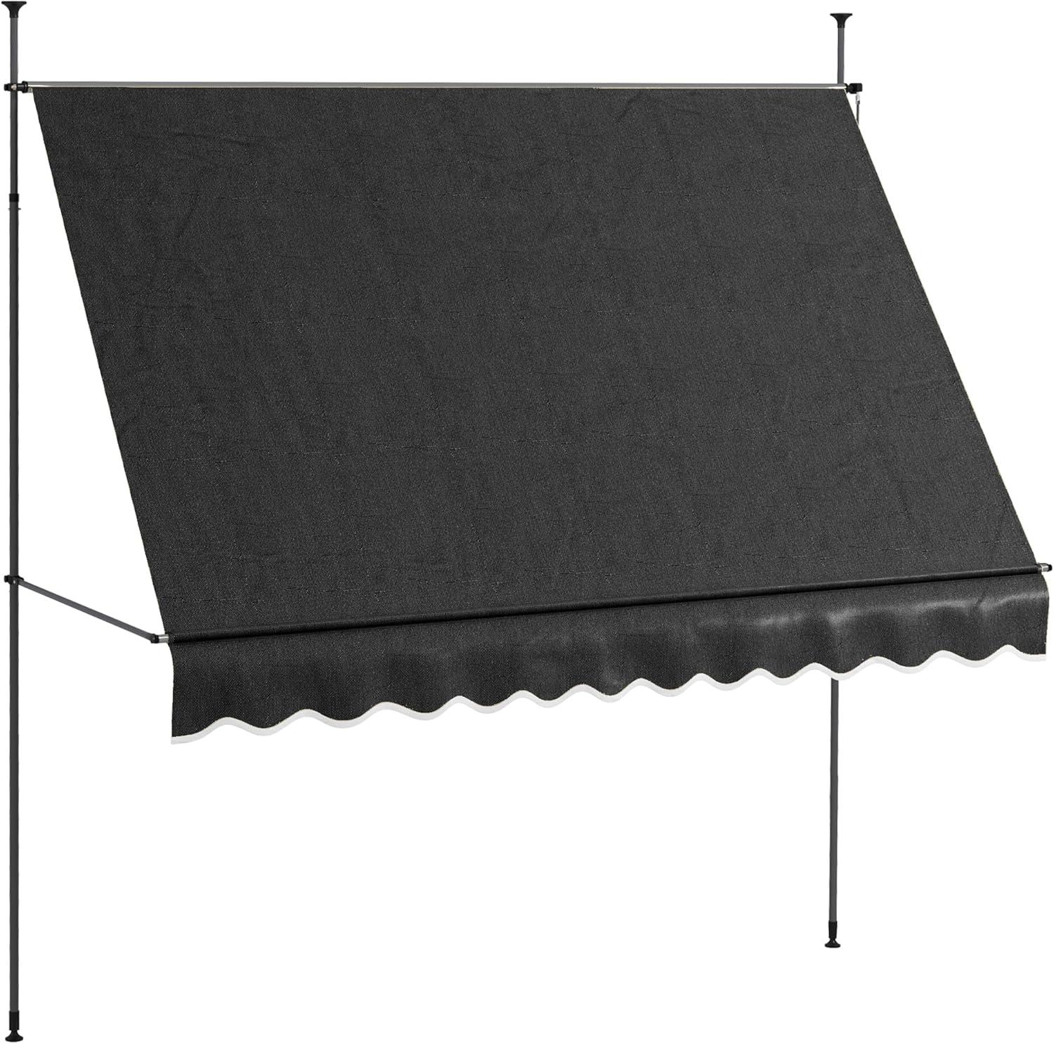 Manual Retractable Awning, 118" Non-Screw Patio Sun Shade Shelter with Support Pole Stand and UV Resistant Fabric, for Window, Door, Porch, Deck, Black