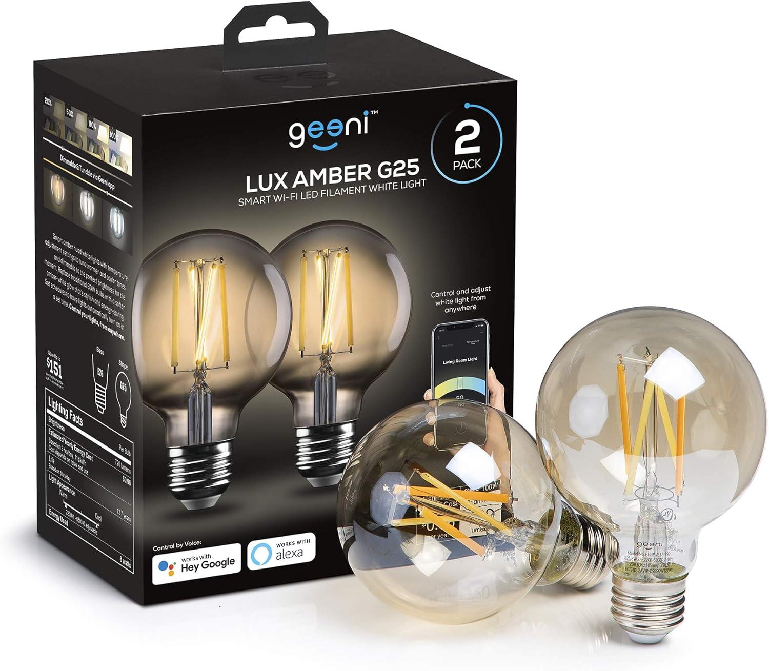 Geeni LUX Amber G25/E26 Edison WiFi LED Smart Bulb, Dimmable, Tunable White Light, 2-Pack