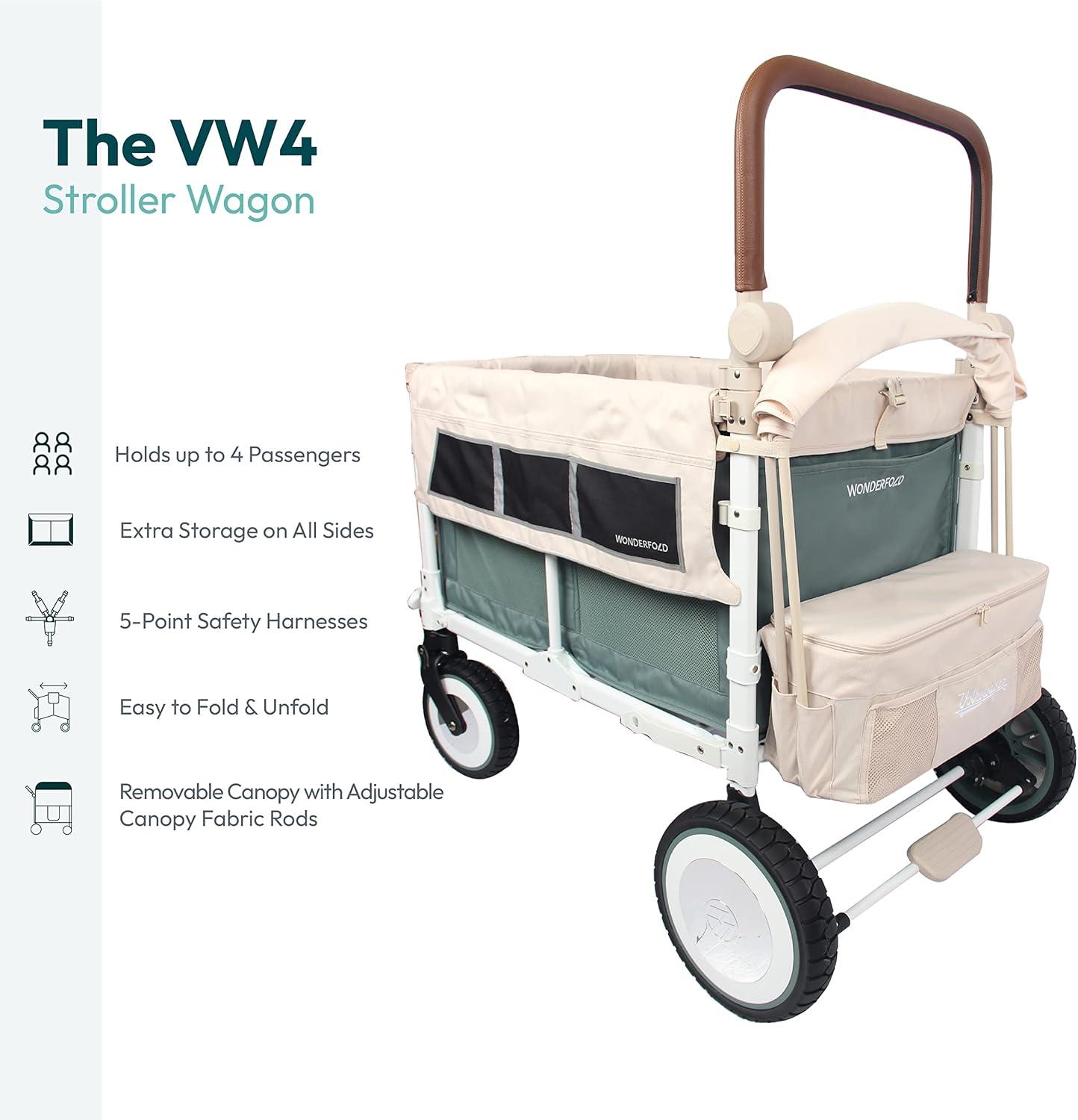 WONDERFOLD Volkswagen Stroller Wagon (4 Seater) - Collapsible Wagon Stroller with VW Bumper, Functioning Headlights, and All-Terrain XL Wheels