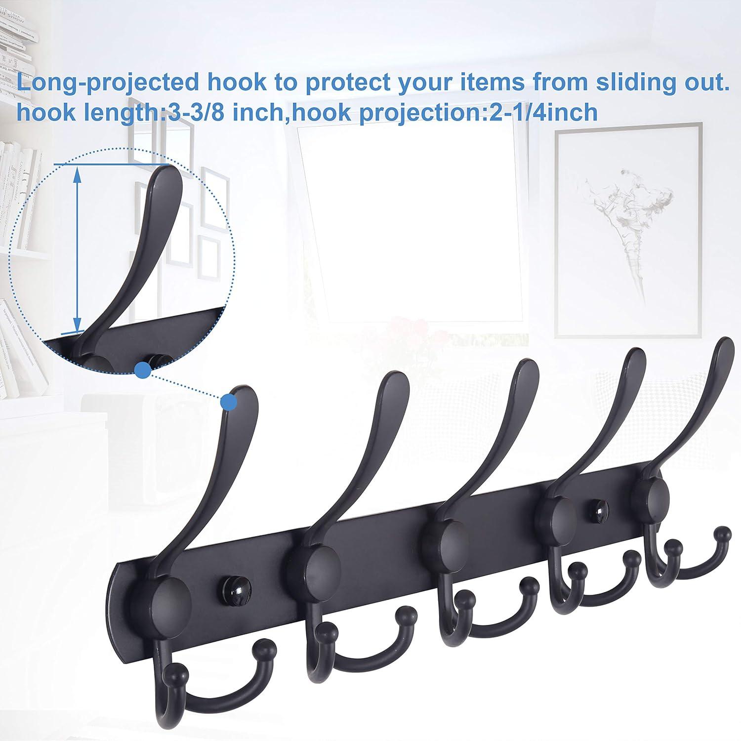 WEBI Coat Rack Wall Mount,5 Tri Hooks for Hanging,Coat Hooks Wall Mount,Hook Rack Rail,Coat Hanger Wall for Jacket,Clothes,Hats,Black,2 Packs