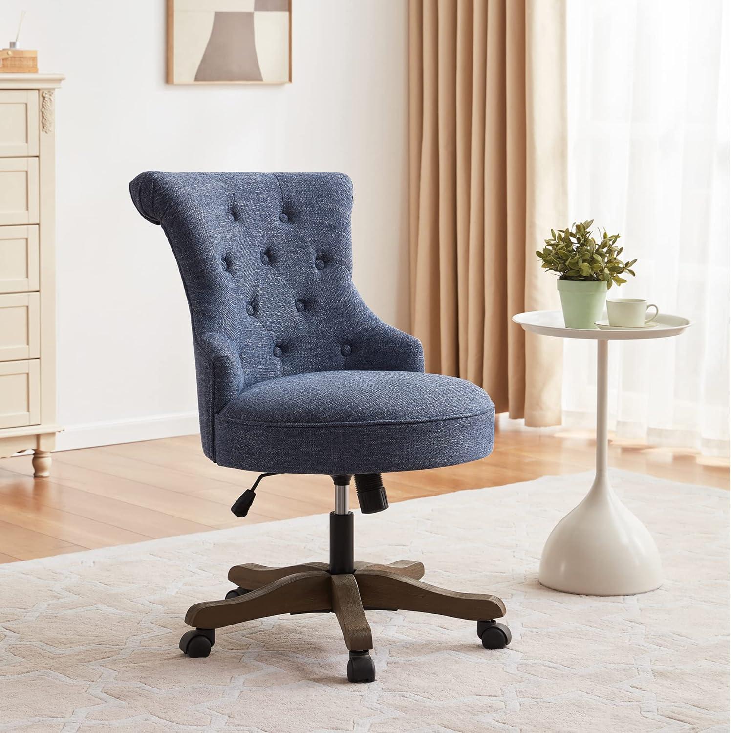 Blue Linen Upholstered Swivel Office Chair with Wooden Legs