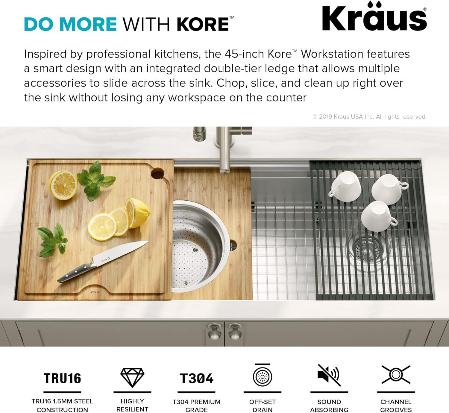 Kraus Kore™ 2-Tier Workstation 45-inch Undermount 16 Gauge Single Bowl Stainless Steel Kitchen Sink with Accessories (Pack of 10)