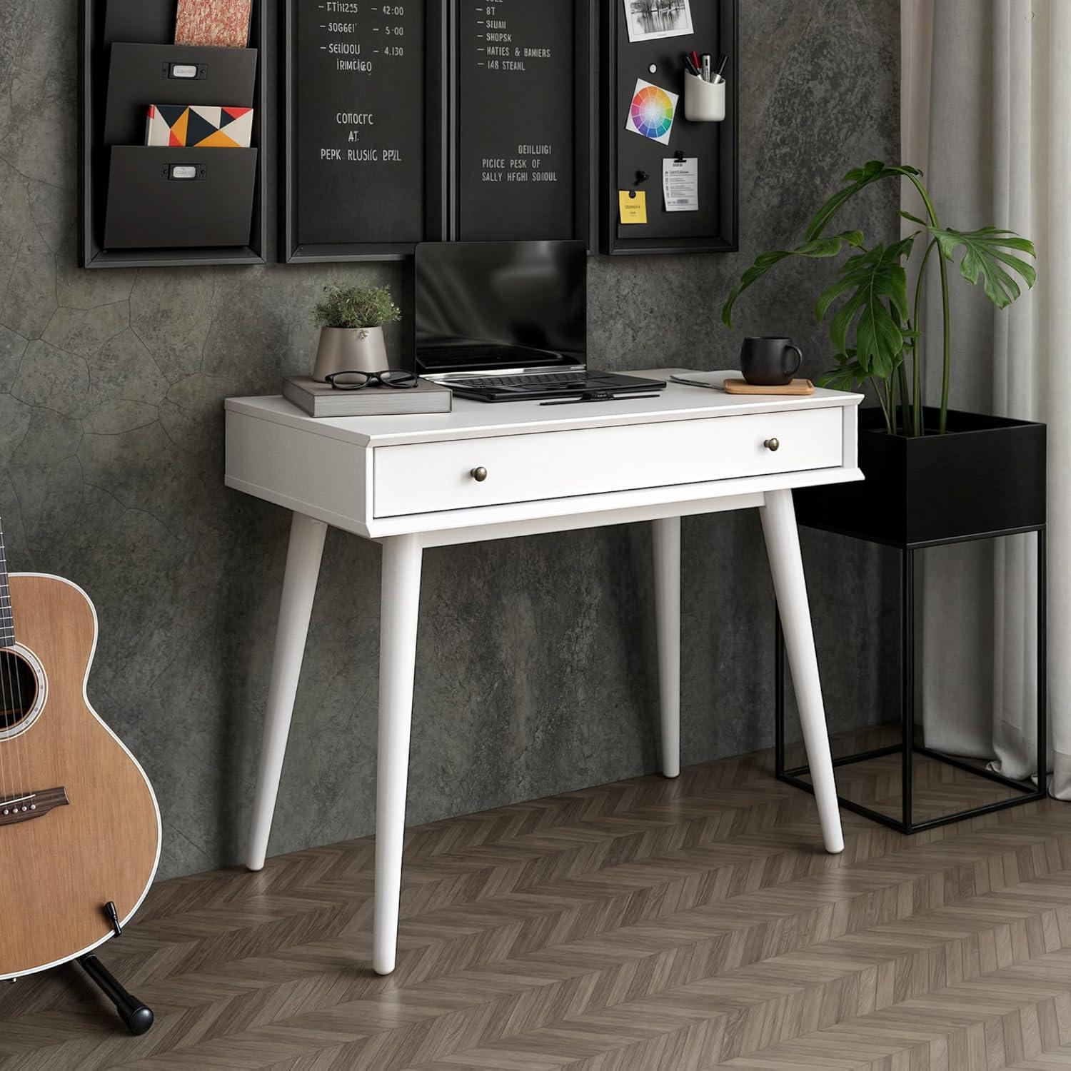 Camaflexi Mid Century Modern Desk Solid Wood Writing Table for Small Spaces, White