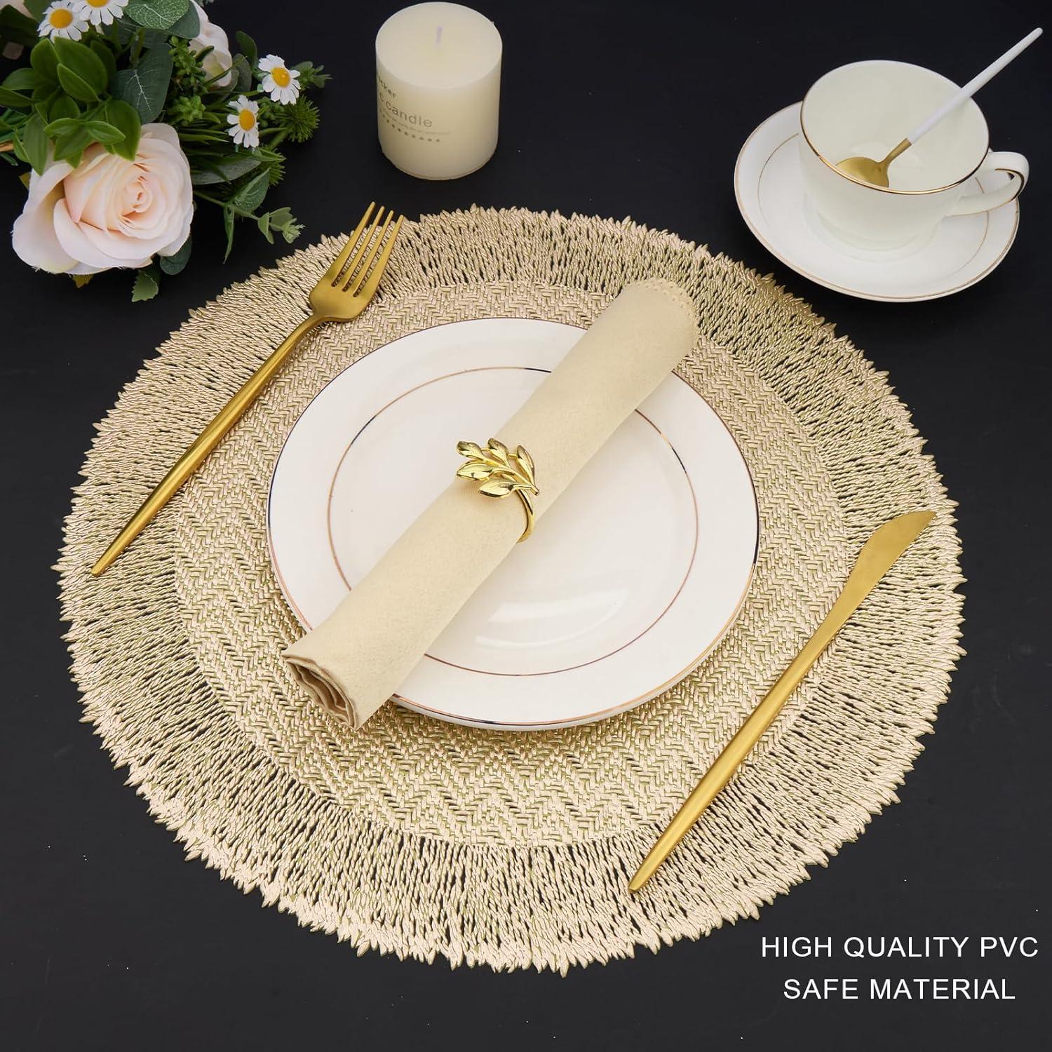 Efavormart 6 Pack 15" Gold Round Woven Vinyl Placemats Non Slip Dining Table Placemats For Wedding Events Birthday Party