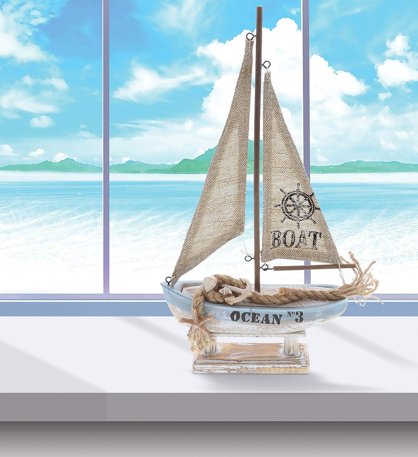 CoTa Global Coastal Horizon Wooden Sailboat Model Ship Nautical Decor, Rustic Nautical Sailboat Decor Table Top Decorations for Living Room Centerpiece and Beach Decorations for Home - 14.1 Inches