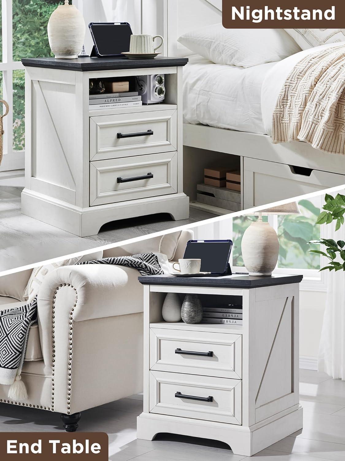 18" Farmhouse Nightstand with Charging Station, End Table with 2 Drawers Storage for Bedroom, Living Room, White