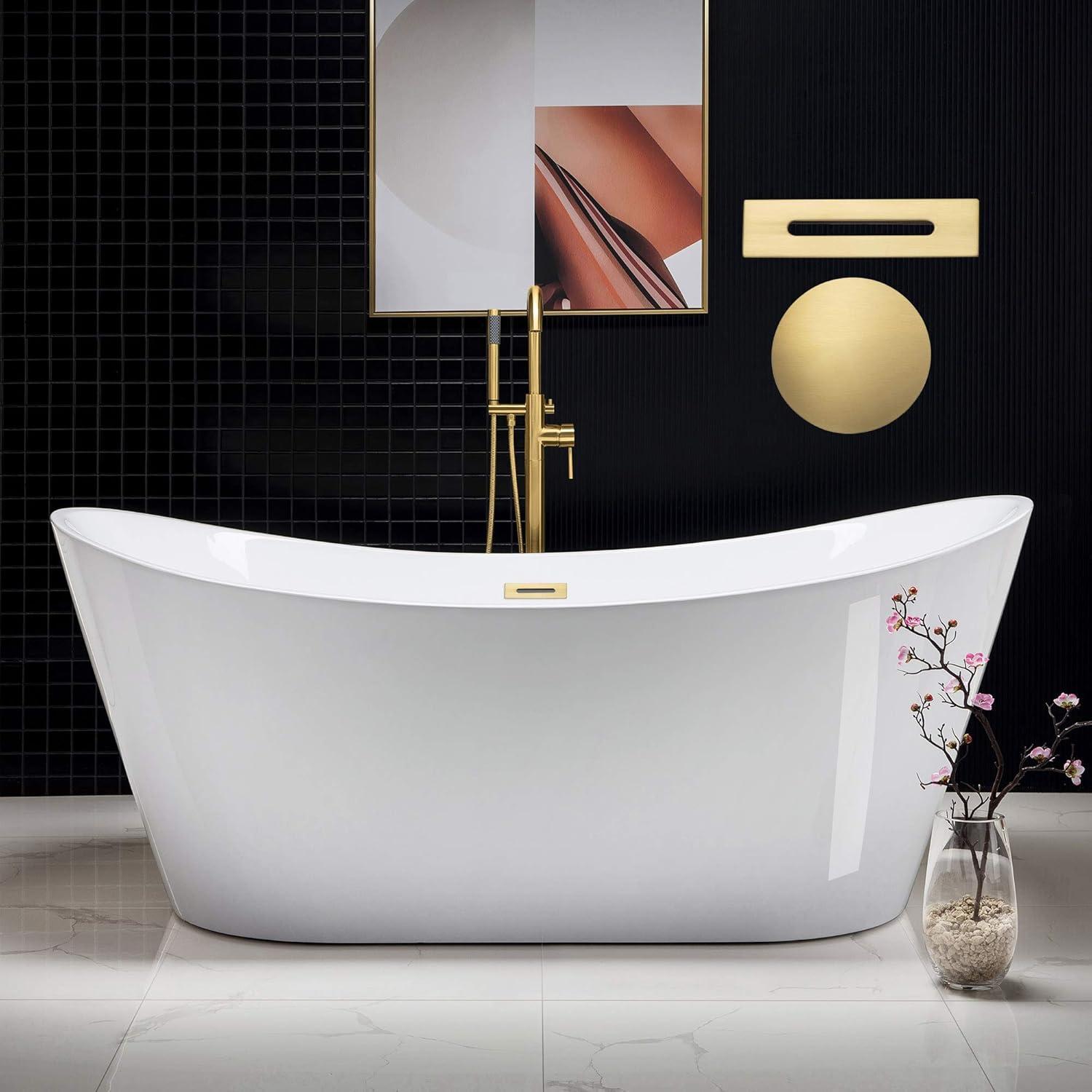 Cove 71'' White Acrylic Freestanding Soaking Bathtub with Brushed Gold Drain