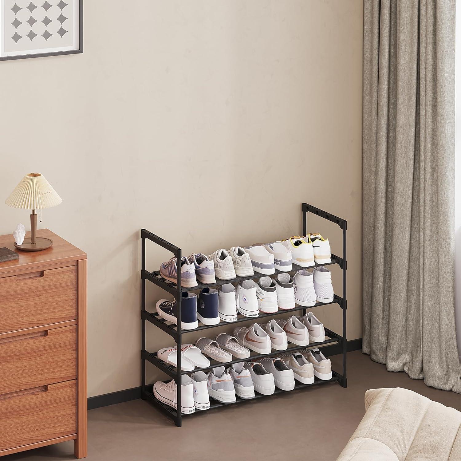 Black 4-Tier Metal and Fabric Shoe Rack