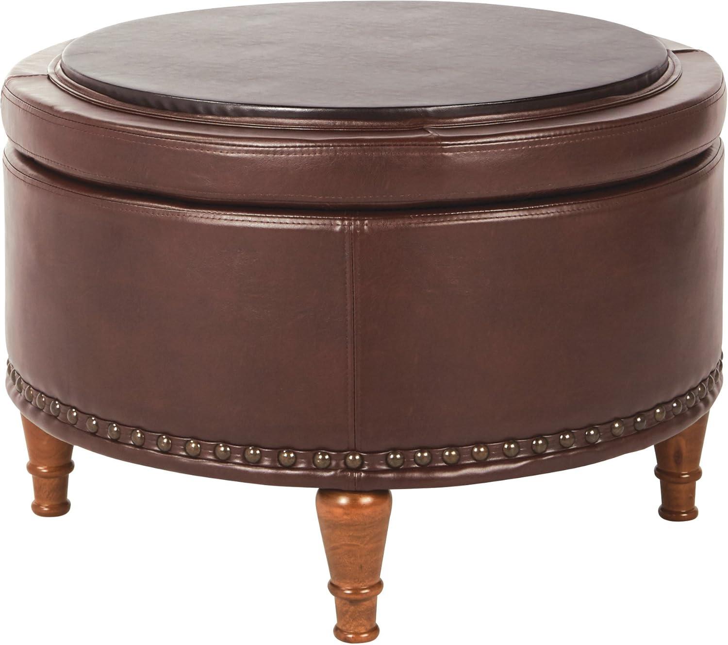 OSP Home Furnishings Alloway Storage Ottoman in Espresso Faux Leather with Antique Bronze Nailheads