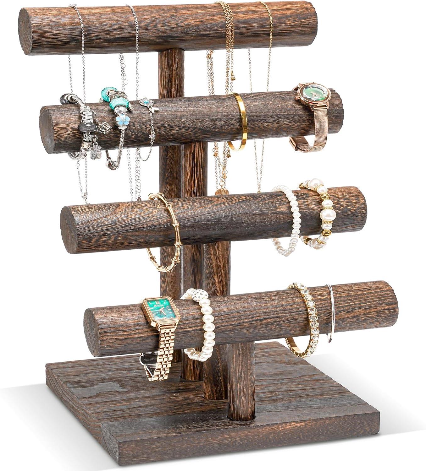 Gracie Oaks Bracelet Holder Display Bracelet Organizer, Wooden Bracelet Stand For Selling, T-Bar Bangle Storage Rack Wood Watch Display Tower For Business - 4 Tier, Brown | Wayfair