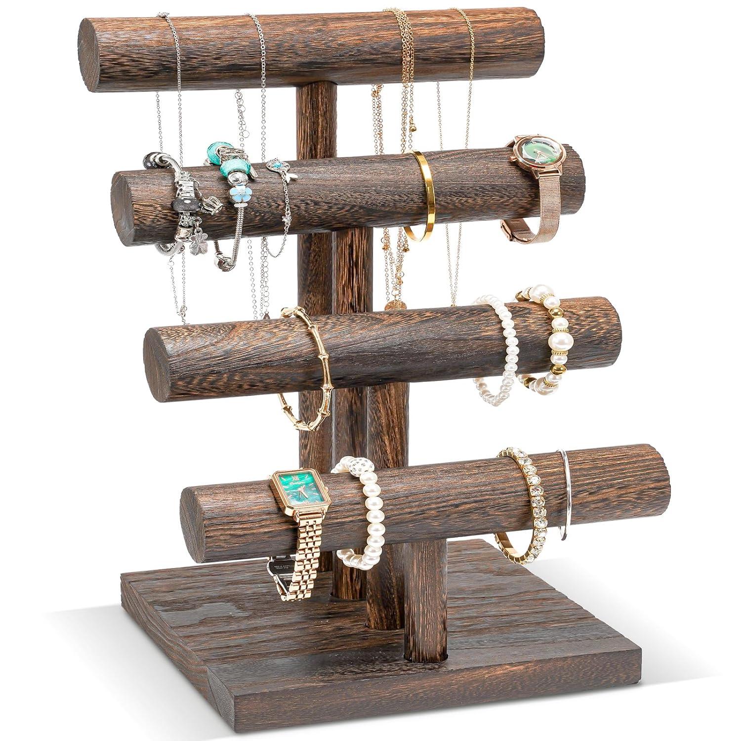 Gracie Oaks Bracelet Holder Display Bracelet Organizer, Wooden Bracelet Stand For Selling, T-Bar Bangle Storage Rack Wood Watch Display Tower For Business - 4 Tier, Brown | Wayfair
