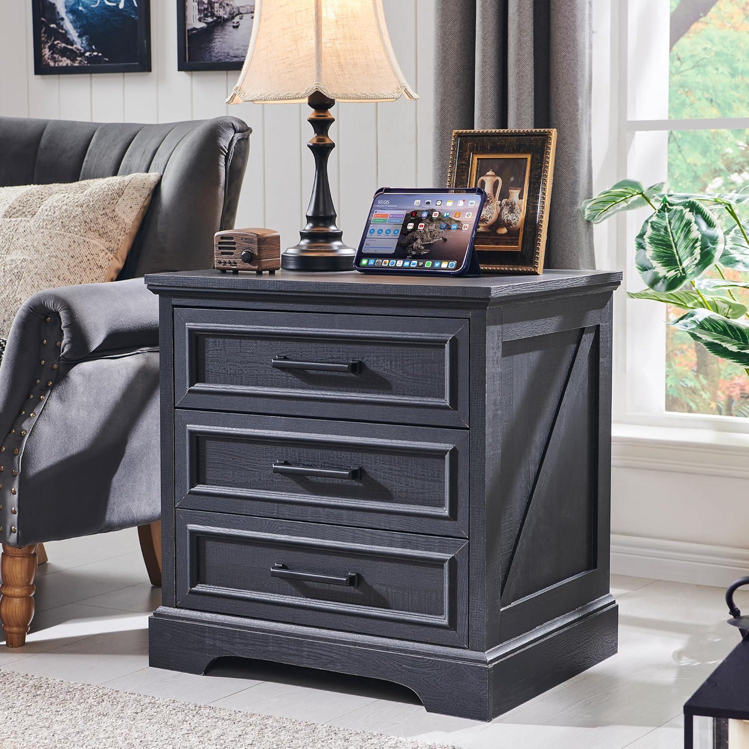 SinCiDo 24" Wide Farmhouse Nightstand with Charging Station & 3 Drawers & Handles, End Table for Bedroom, Living Room, Black
