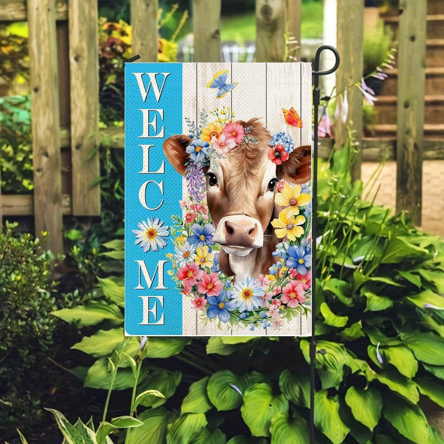 Spring Welcome Cow Garden Flag 12 x 18 inch Double Sided Outside decorations,Funny Cute Animal Flower Butterfly Small Garden Flags For Outdoor Yard Lawn