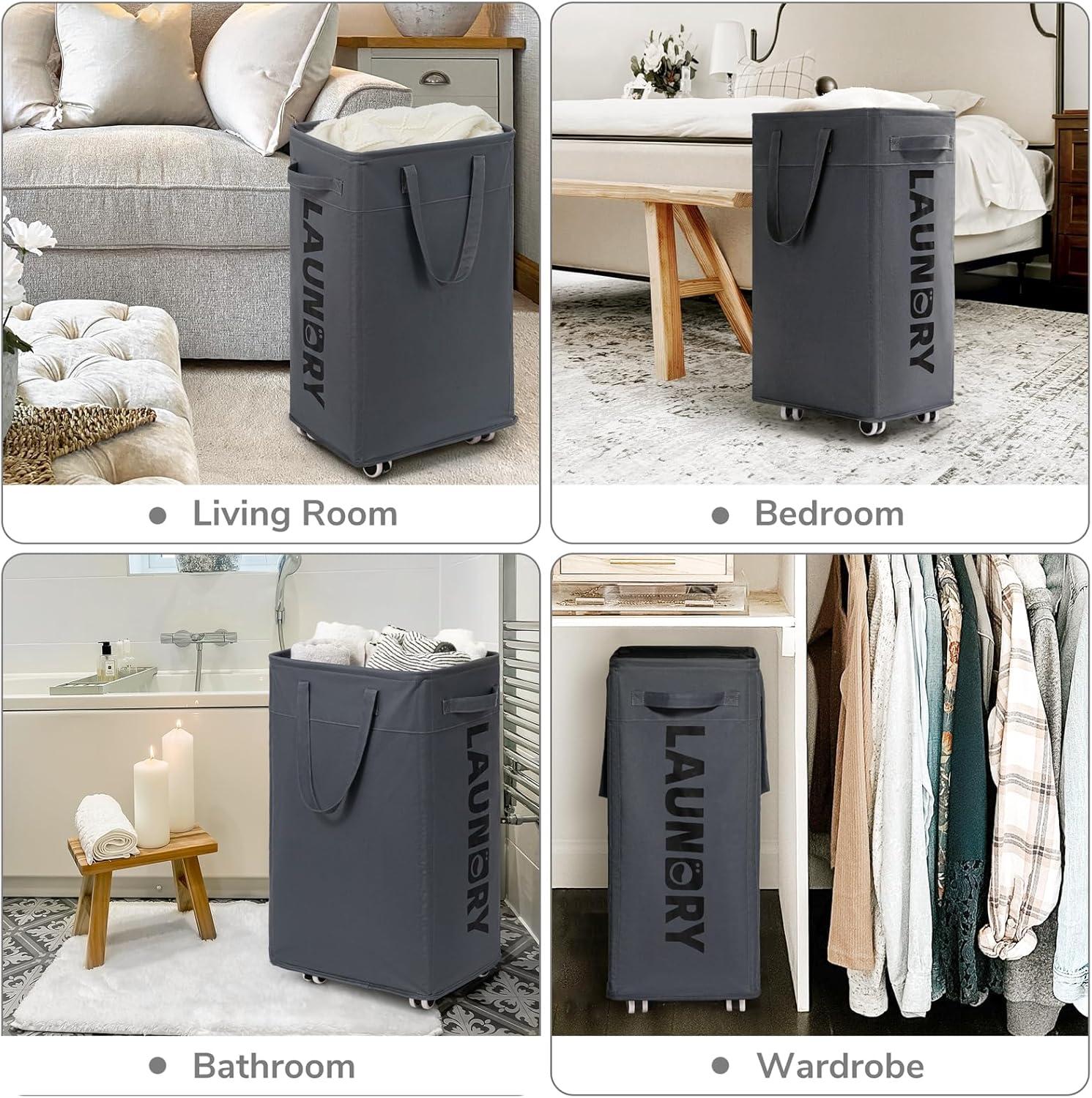 VOKIAL Laundry Basket With Wheels, 2PACK 75L Rolling Laundry Baskets With Removable Laundry Bags, Apartment Essentials, Collapsible Laundry Baskets, Laundry Bag, Corner Dorm Foldable Laundry Baskets, Slim Laundry Baskets