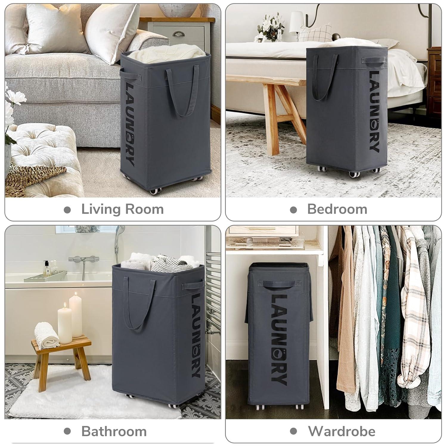 VOKIAL Laundry Basket With Wheels, 2PACK 75L Rolling Laundry Baskets With Removable Laundry Bags, Apartment Essentials, Collapsible Laundry Baskets, Laundry Bag, Corner Dorm Foldable Laundry Baskets, Slim Laundry Baskets