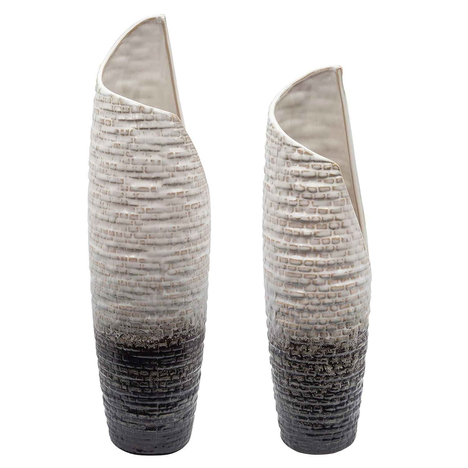 Sagebrook Home 16" Textured Decorative Ceramic Vase - Vase Centerpiece for Home, Office, Wedding Decor, Rustic Ivory and Beige for Flowers or Decor