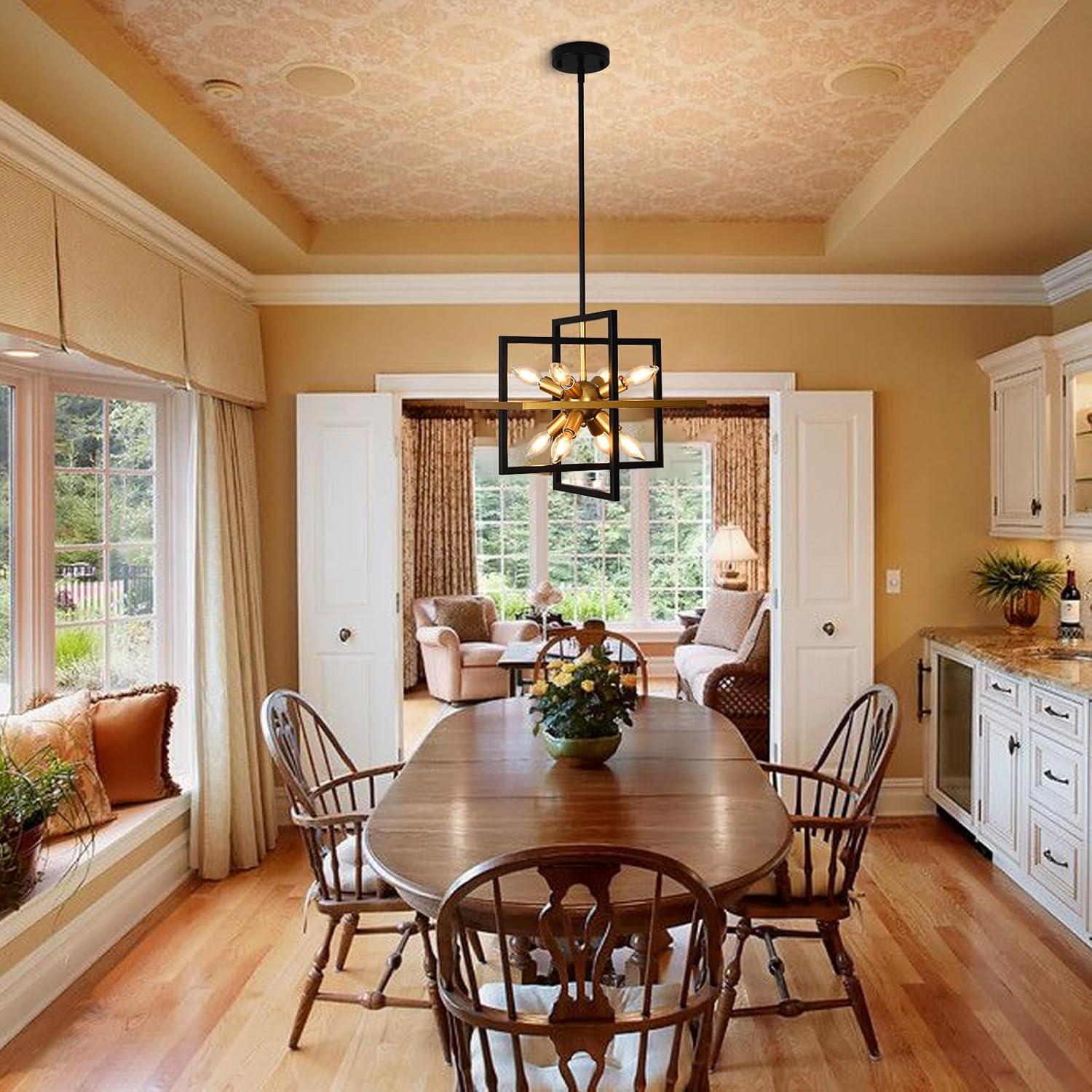 Modern Black and Gold Chandelier, 8-Light Geometric Pendant Light Fixture, Dining Light Fixtures Adjustable Chandelier for Dining Room Entryway Foyer Hallway Bedroom Living Room Kitchen Island