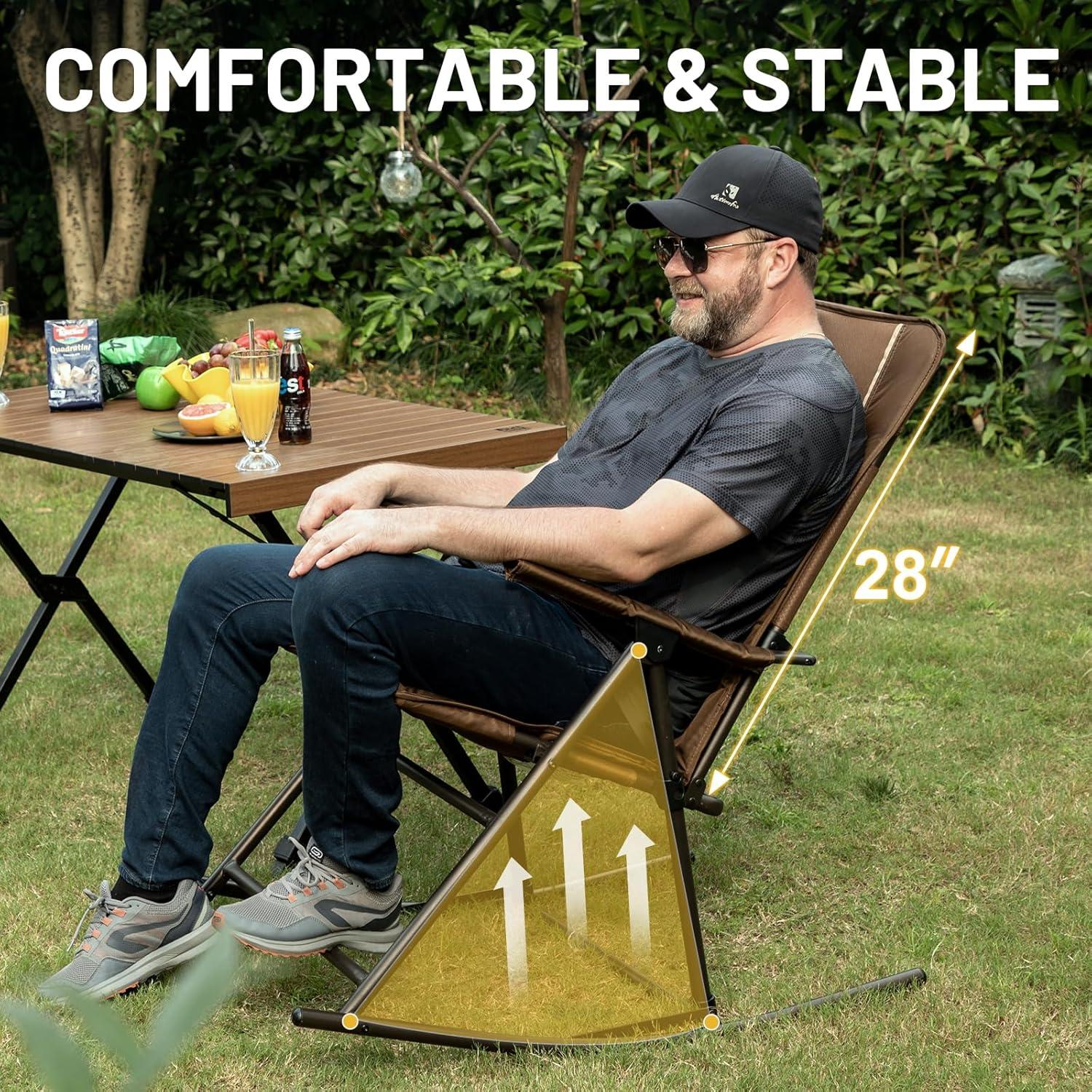 TIMBER RIDGE Folding Rocking Camping Chair, Padded High Back Outdoor Rocking Chair with Side Pocket, Portable Rocker Lawn Chairs for Adults, Heavy Duty Supports 300 LBS, Brown-1 Pack