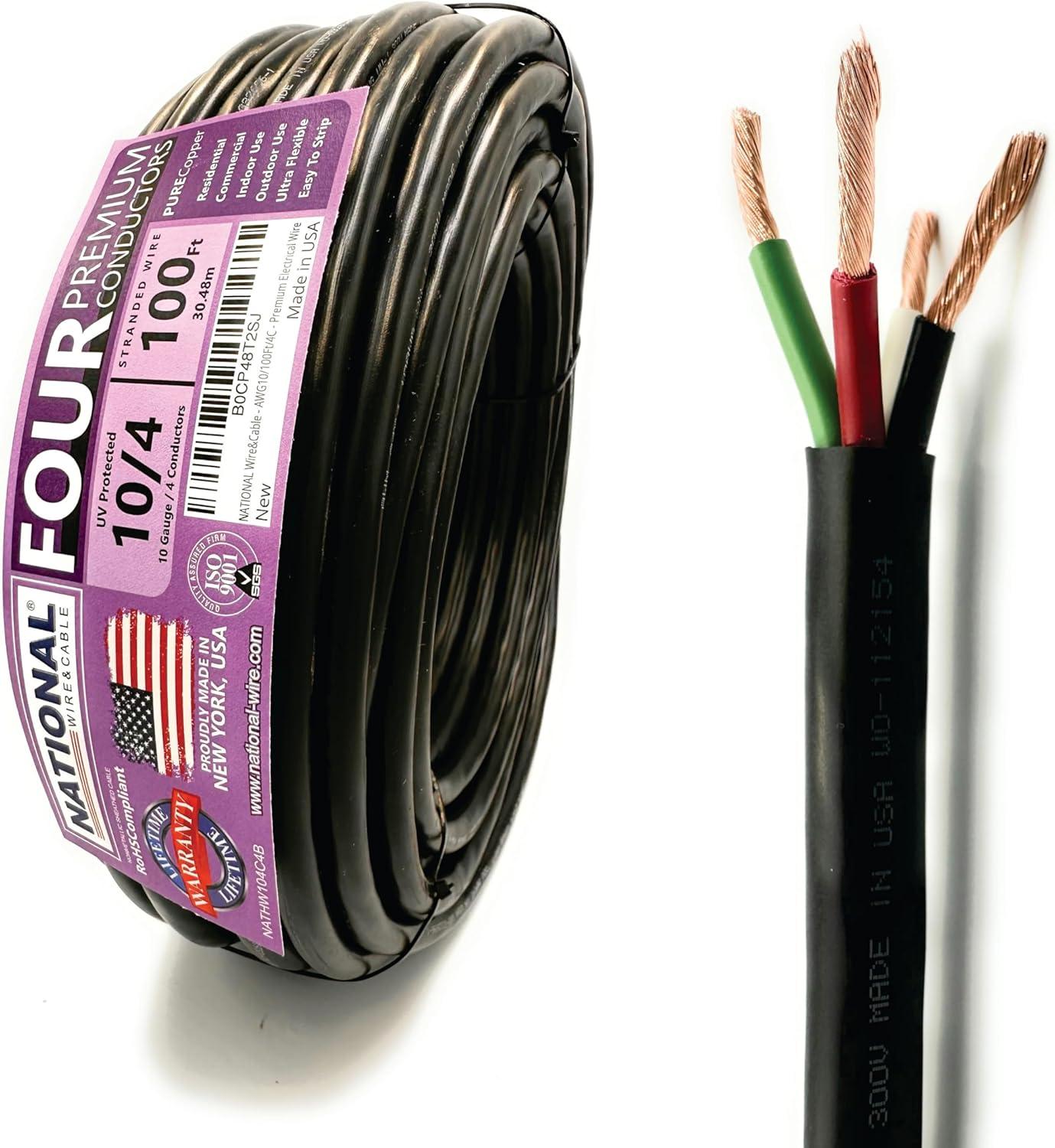 NATIONAL Wire&Cable - Premium Electrical Wire - 10 Gauge 4 Conductors - 100Ft - Made in USA
