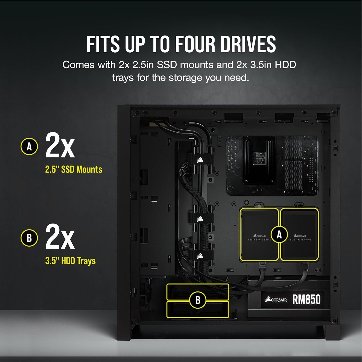 Corsair 4000D AIRFLOW Tempered Glass Mid-Tower ATX Case - Black - Mid-tower - Black - Steel, Tempered Glass, Plastic - 4 x Bay - 2 x 4.72" x Fan(s) Installed - 0 - ATX Motherboard Supported - 6 x