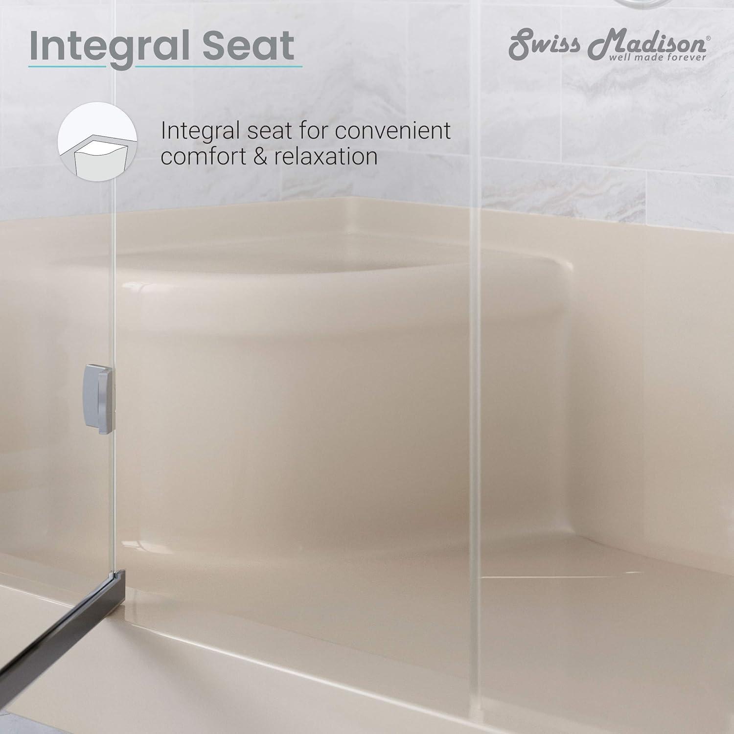 Swiss Madison Aquatique 60" x 32" Single Threshold Shower Base With Right Hand Drain and Integral Left Hand Seat  SM-SB538BV